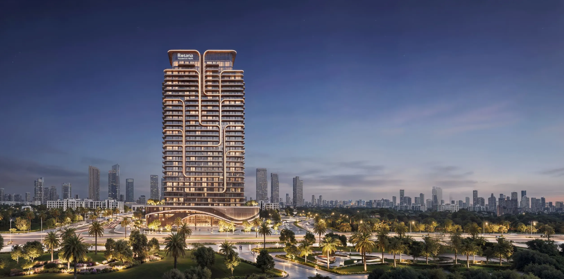 Panoramic aerial skyline view of Rotana Residences on Al Reem Island Abu Dhabi surrounded by coastal promenade and luxury amenities.