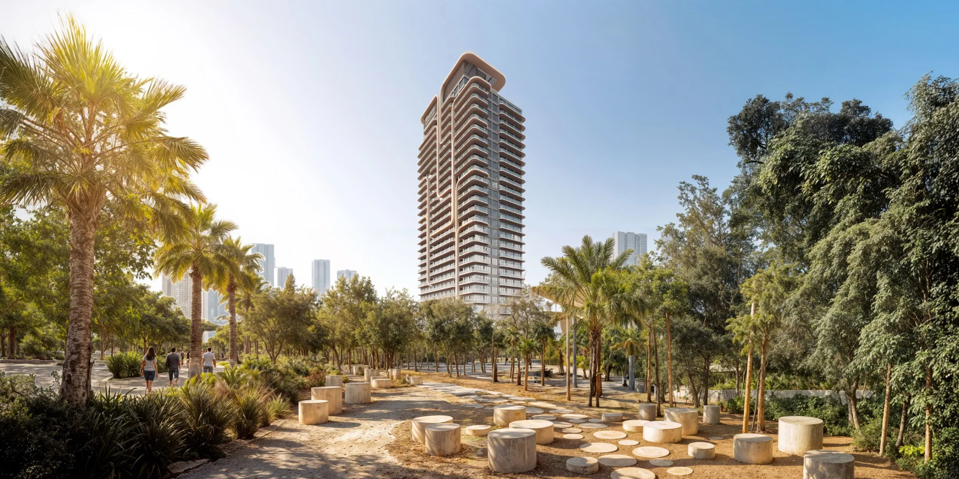 Architectural waterfront elevation view of Rotana Residences on Al Reem Island Abu Dhabi showing contemporary glass architecture and landscaped grounds.