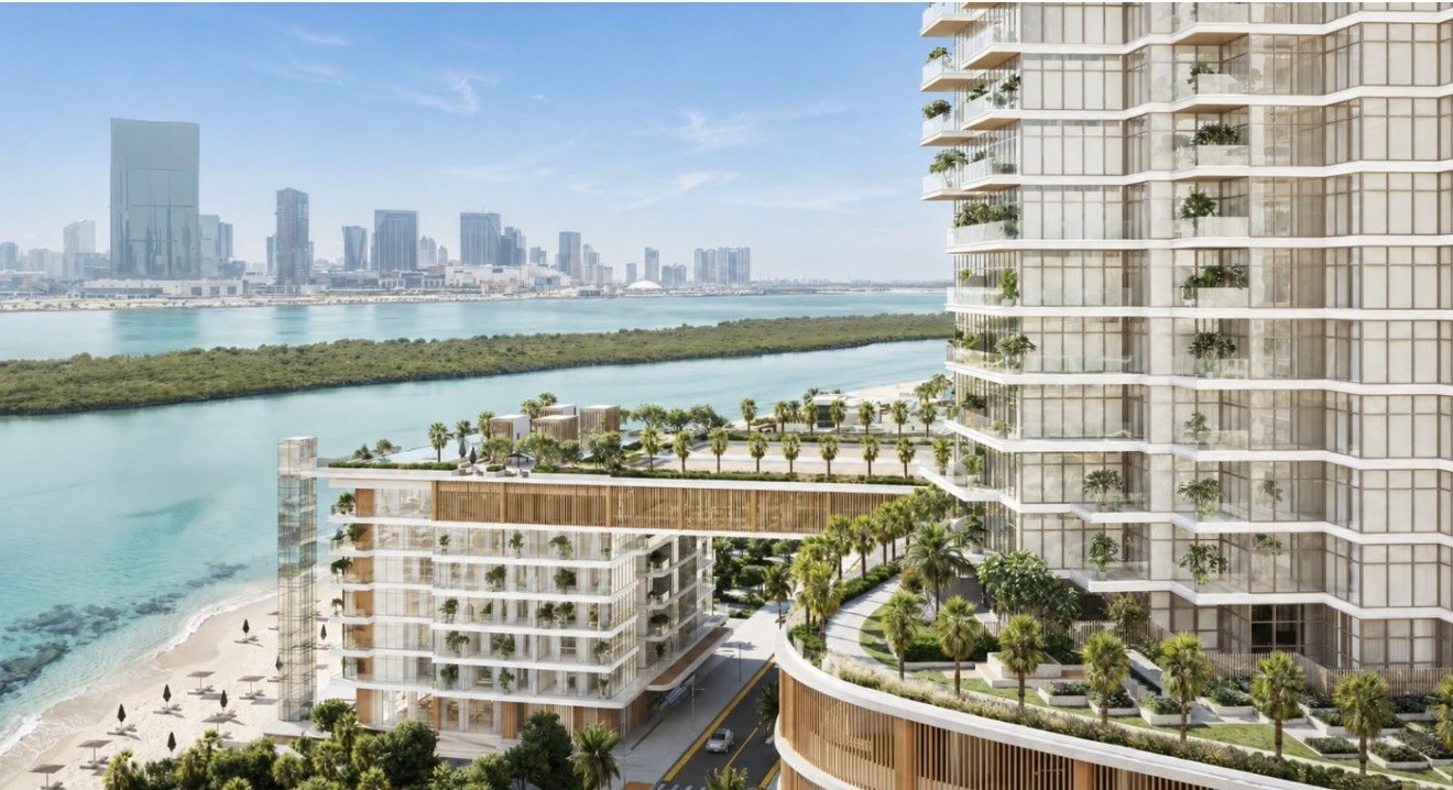 Aerial exterior of Bab Al Qasr Beach Resort Residence 77 Reem Island Abu Dhabi with waterfront podium and planted terraces
