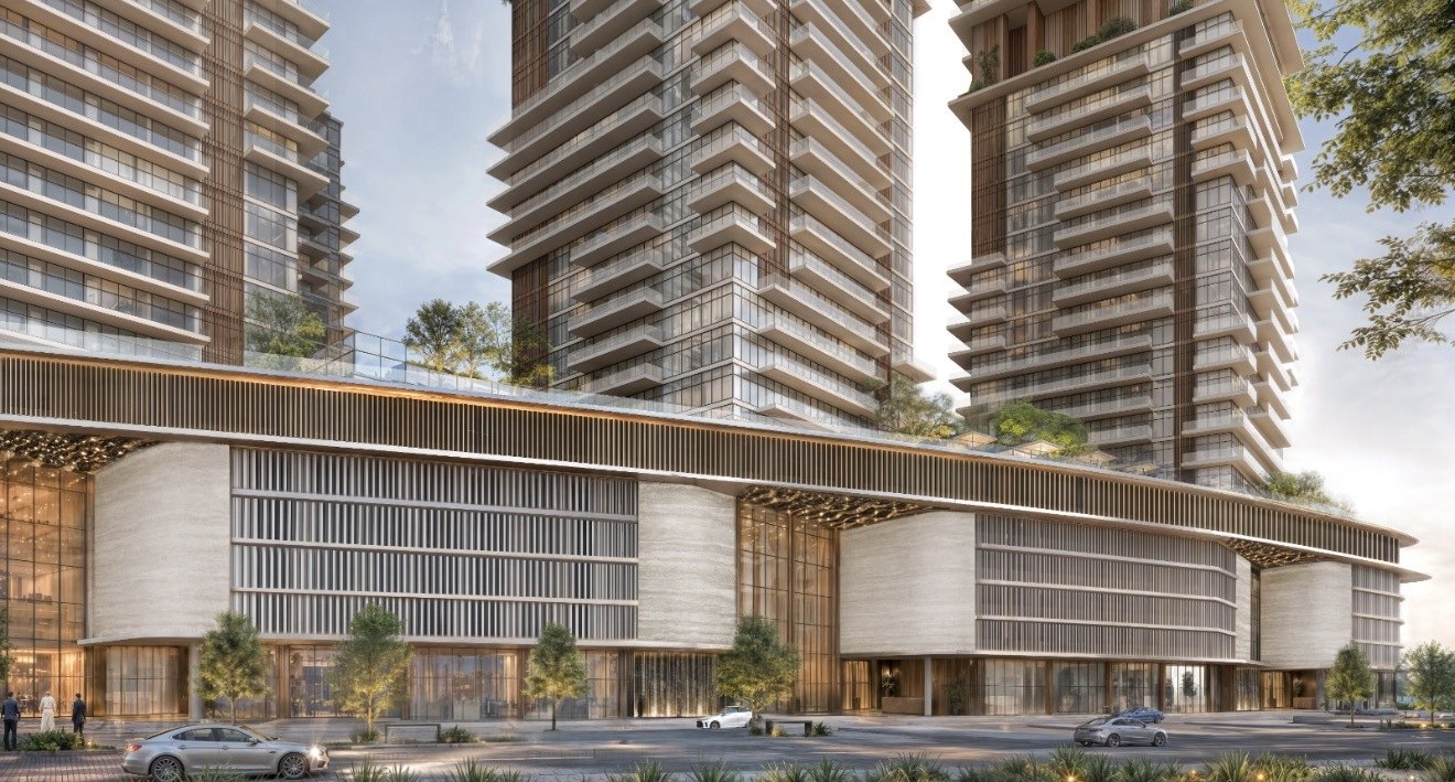 Podium and retail frontage exterior at Bab Al Qasr Beach Resort Residence 77 Reem Island Abu Dhabi with arrival drive