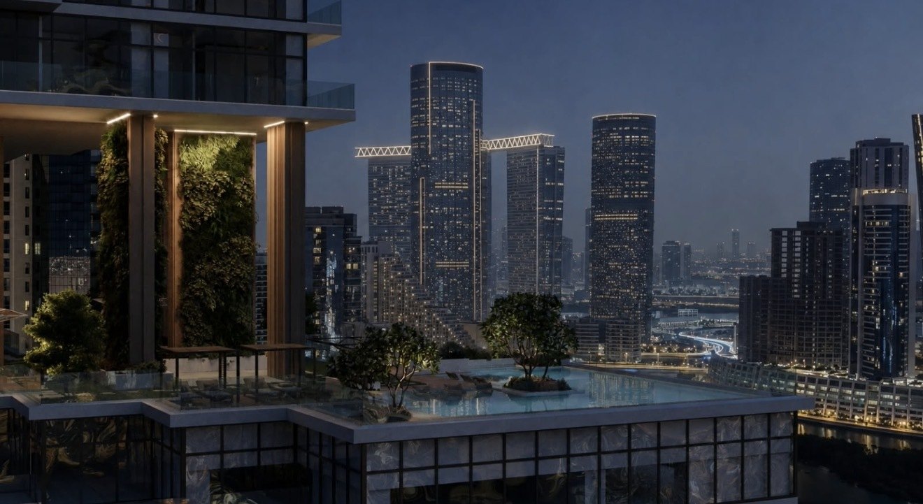 Rooftop infinity pool exterior at Bab Al Qasr Beach Resort Residence 77 Reem Island Abu Dhabi overlooking the night skyline