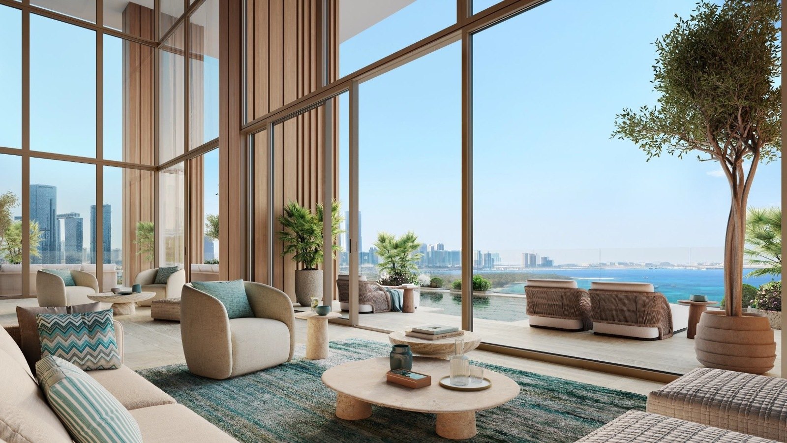 Terrace pool deck exterior at Bab Al Qasr Beach Resort Residence 77 Reem Island Abu Dhabi with loungers and planting