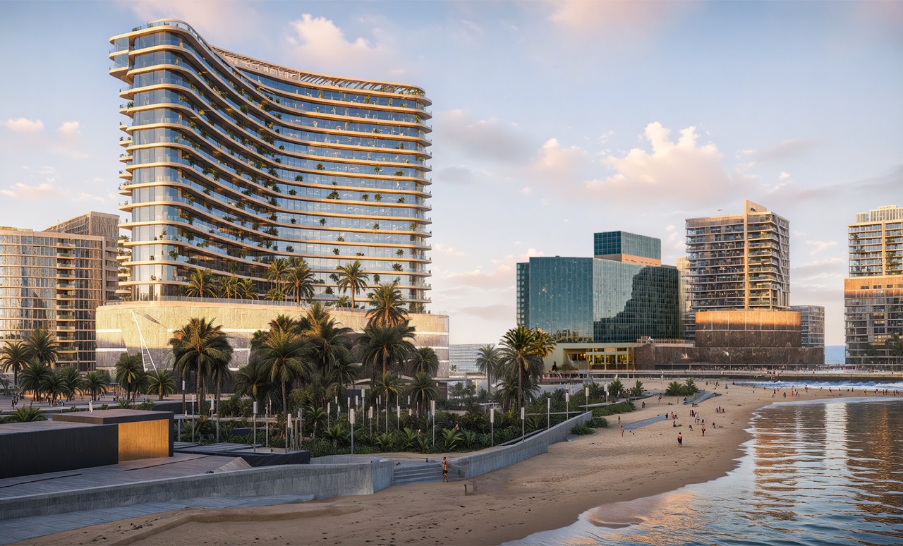 Premium residential exterior at Marlin 2 featuring panoramic sea and city views in Abu Dhabi.
