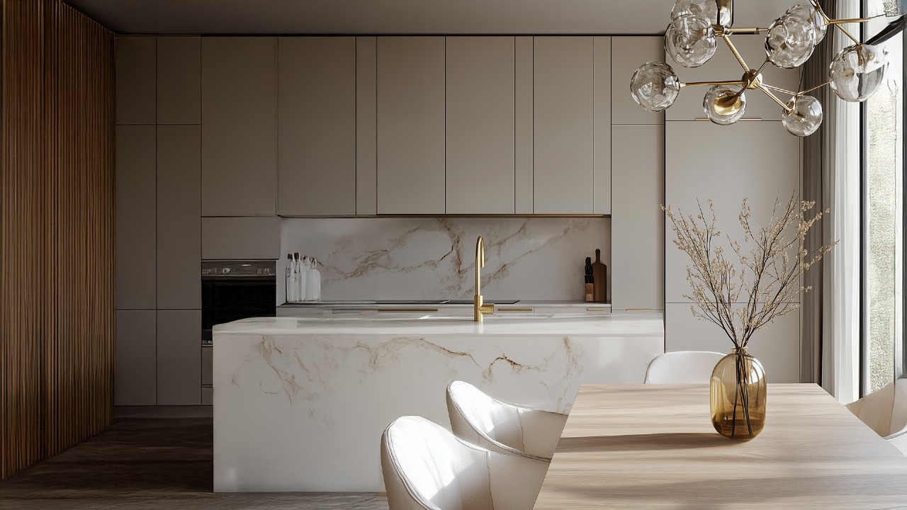 Spacious kitchen and dining area inside Marlin 2 residences on Al Reem Island.