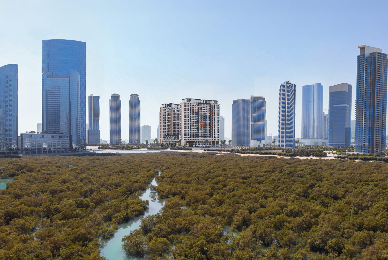 Exterior facade of The District tower on Al Reem Island Abu Dhabi skyline