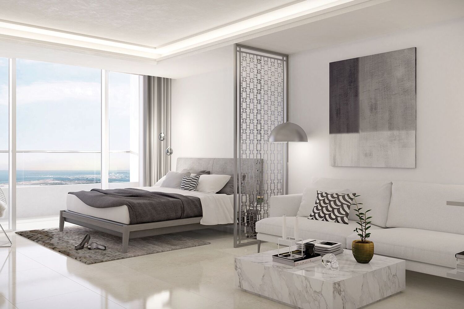 Elegant master bedroom at Julphar Residence with premium contemporary finishes.