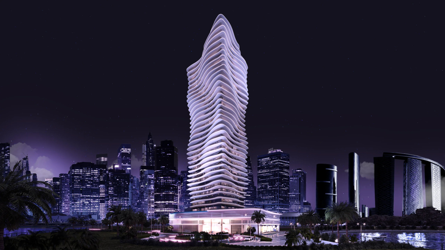 Architectural rendering of Elie Saab Waterfront Al Reem Island Abu Dhabi showcasing luxury residential skyscraper design during daytime.