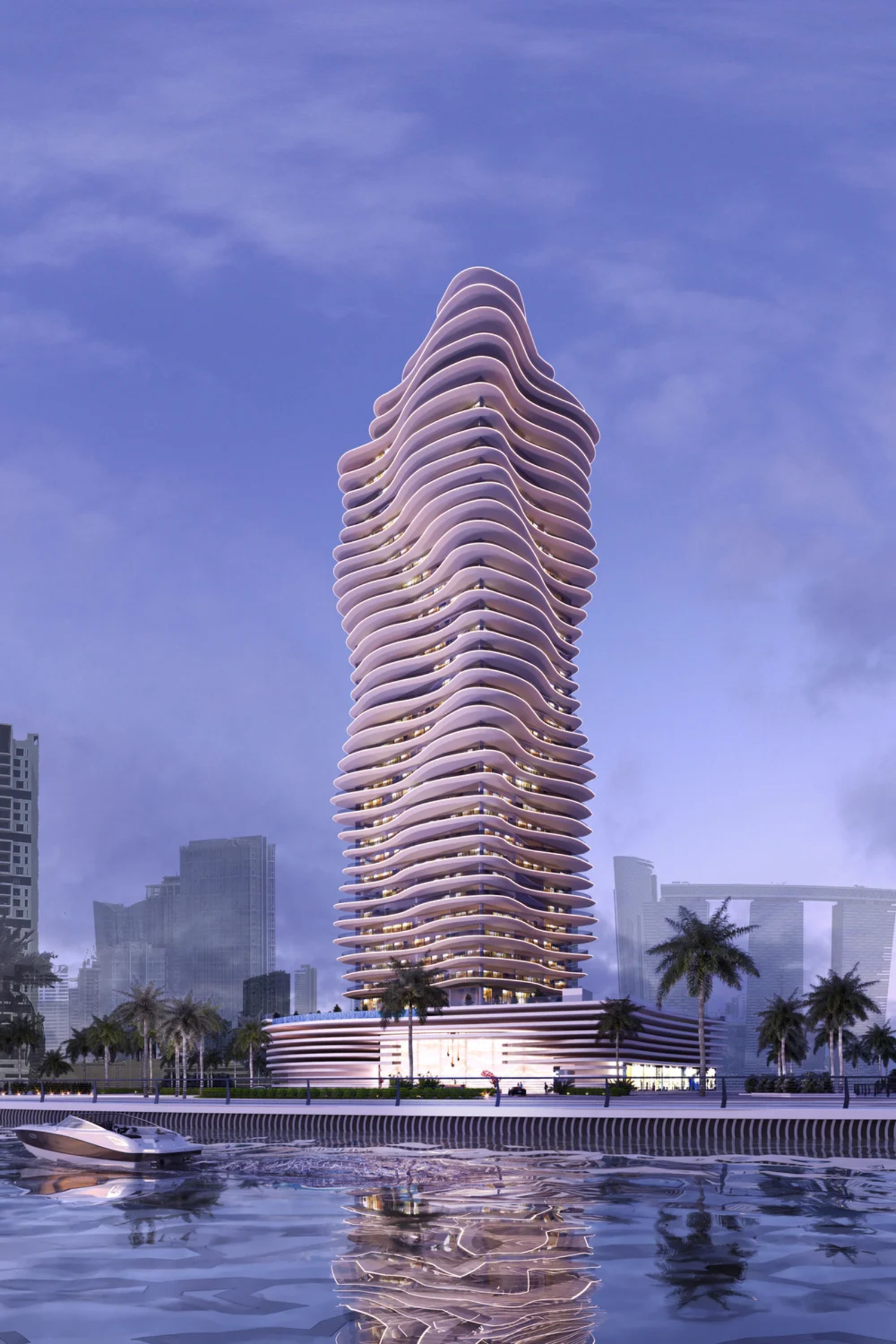 Illuminated modern high-rise tower facade at Elie Saab Waterfront Abu Dhabi presenting premium real estate luxury living.