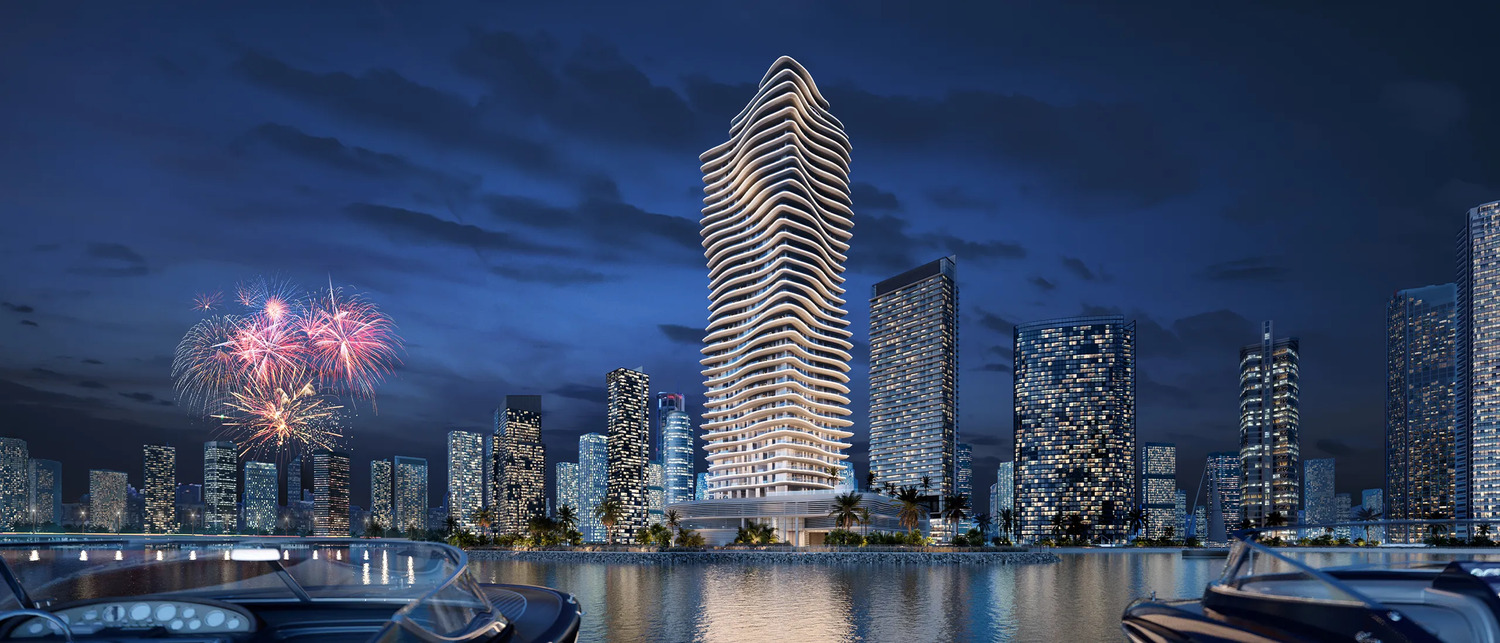 Aerial view rendering of Elie Saab Waterfront Abu Dhabi showcasing its prominent coastal location and waterfront positioning.