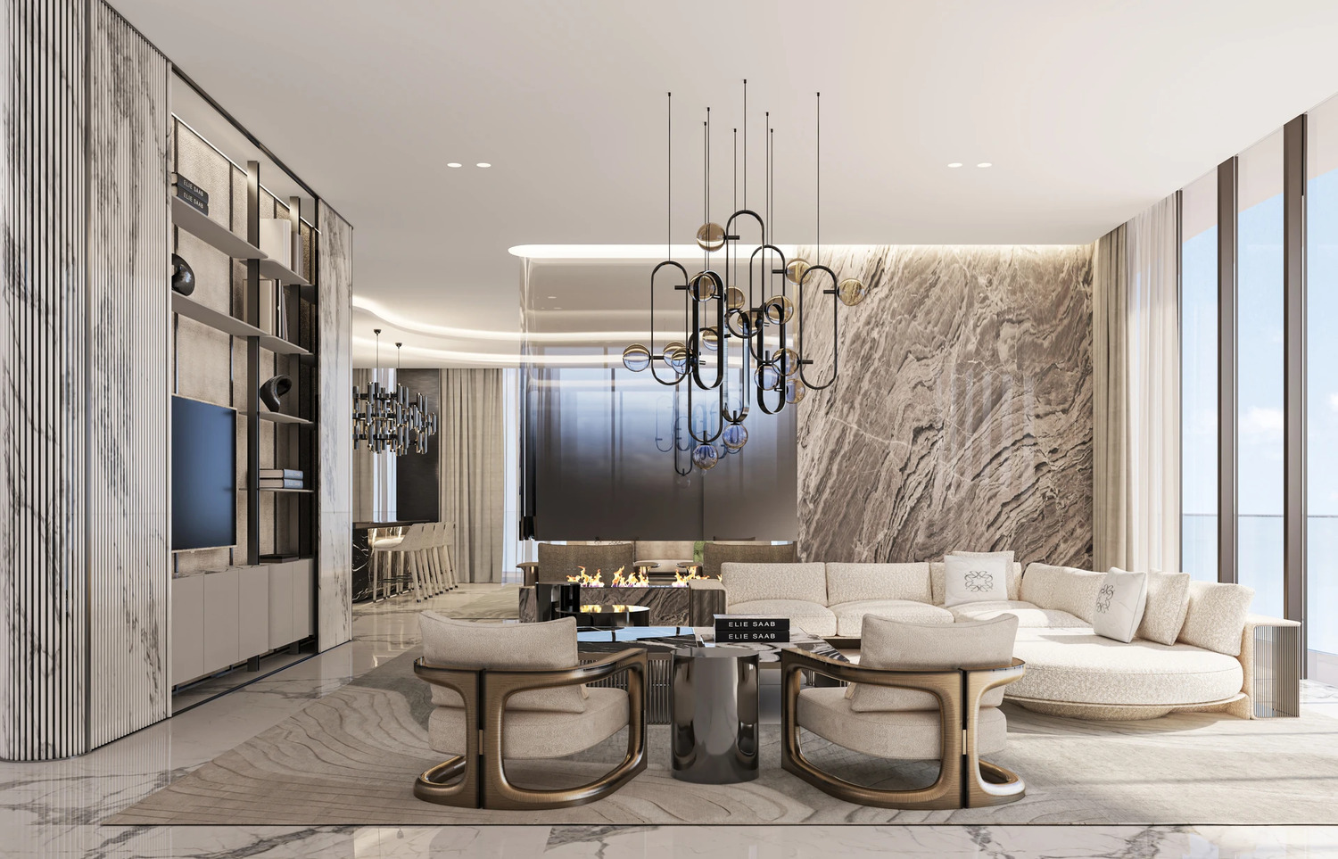 Bespoke luxury sitting lounge at Elie Saab Waterfront Al Reem Island featuring signature fashion-house decor and metallic accents.