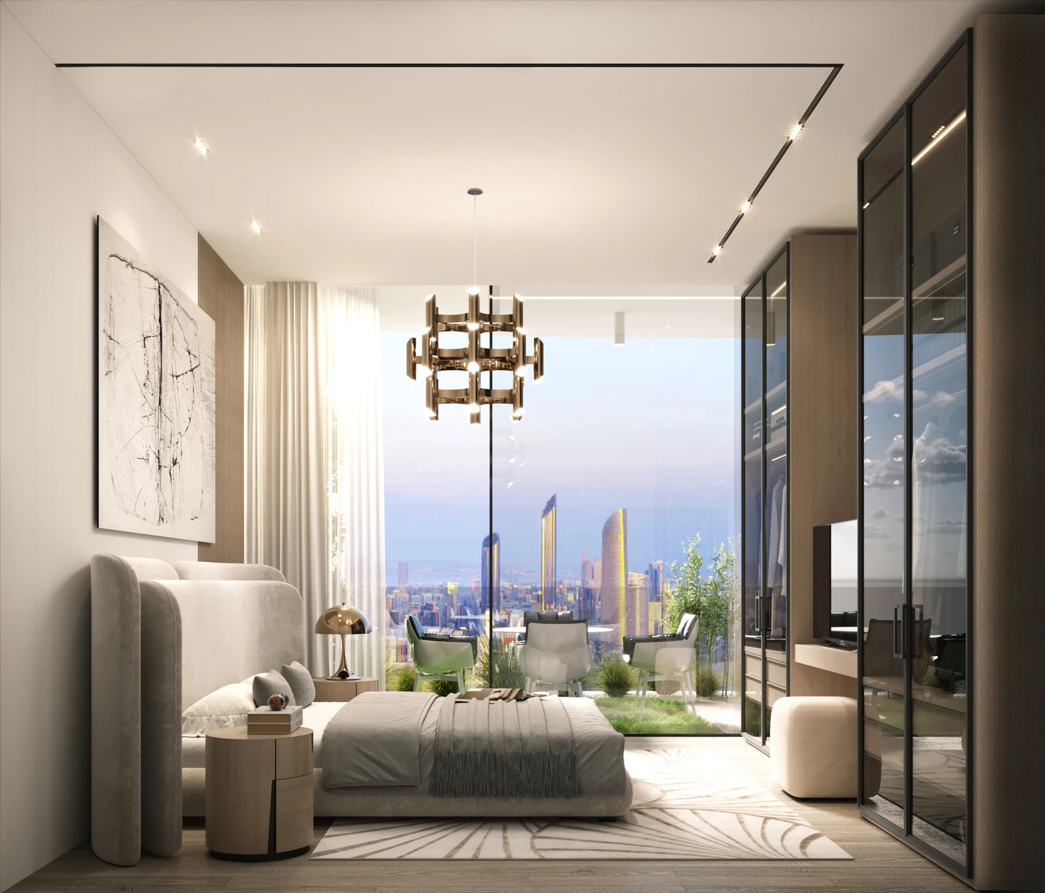 Designer master bedroom suite at Elie Saab Waterfront Al Reem Island Abu Dhabi showcasing elite textiles and sea views.