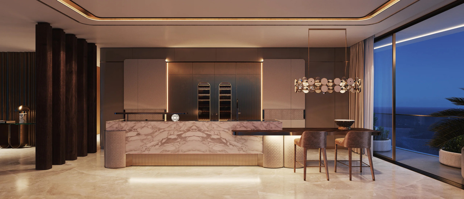 Sleek show kitchen inside Elie Saab Waterfront Al Reem Island Abu Dhabi featuring custom cabinetry and integrated appliances.