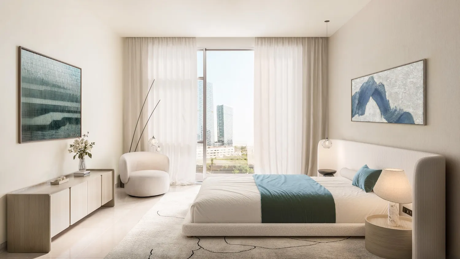 Modern kitchen interior at Tara Park Modon Properties Al Reem Island Abu Dhabi with sleek cabinetry and dining area.
