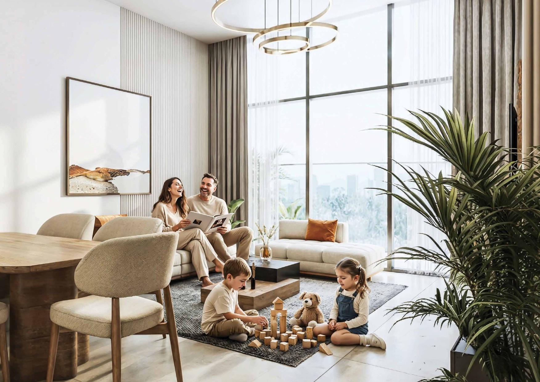Radiant Wave living room interior featuring floor-to-ceiling windows, premium finishes, and elegant contemporary design