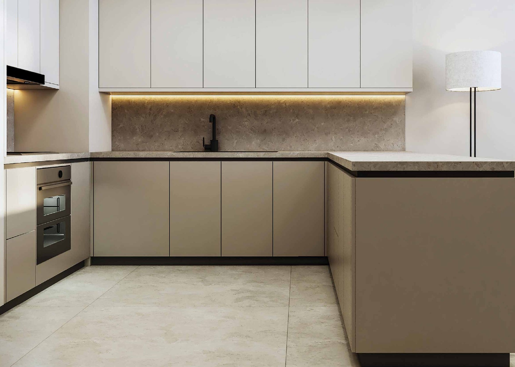 Radiant Wave modern kitchen interior showcasing high-end cabinetry, stylish countertops, and efficient open-plan layout