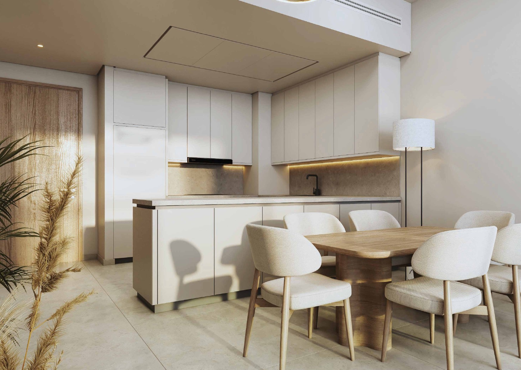 Kitchen Interior and dining view of Radiant Wave Al Reem Island showing prime waterfront location and modern tower design