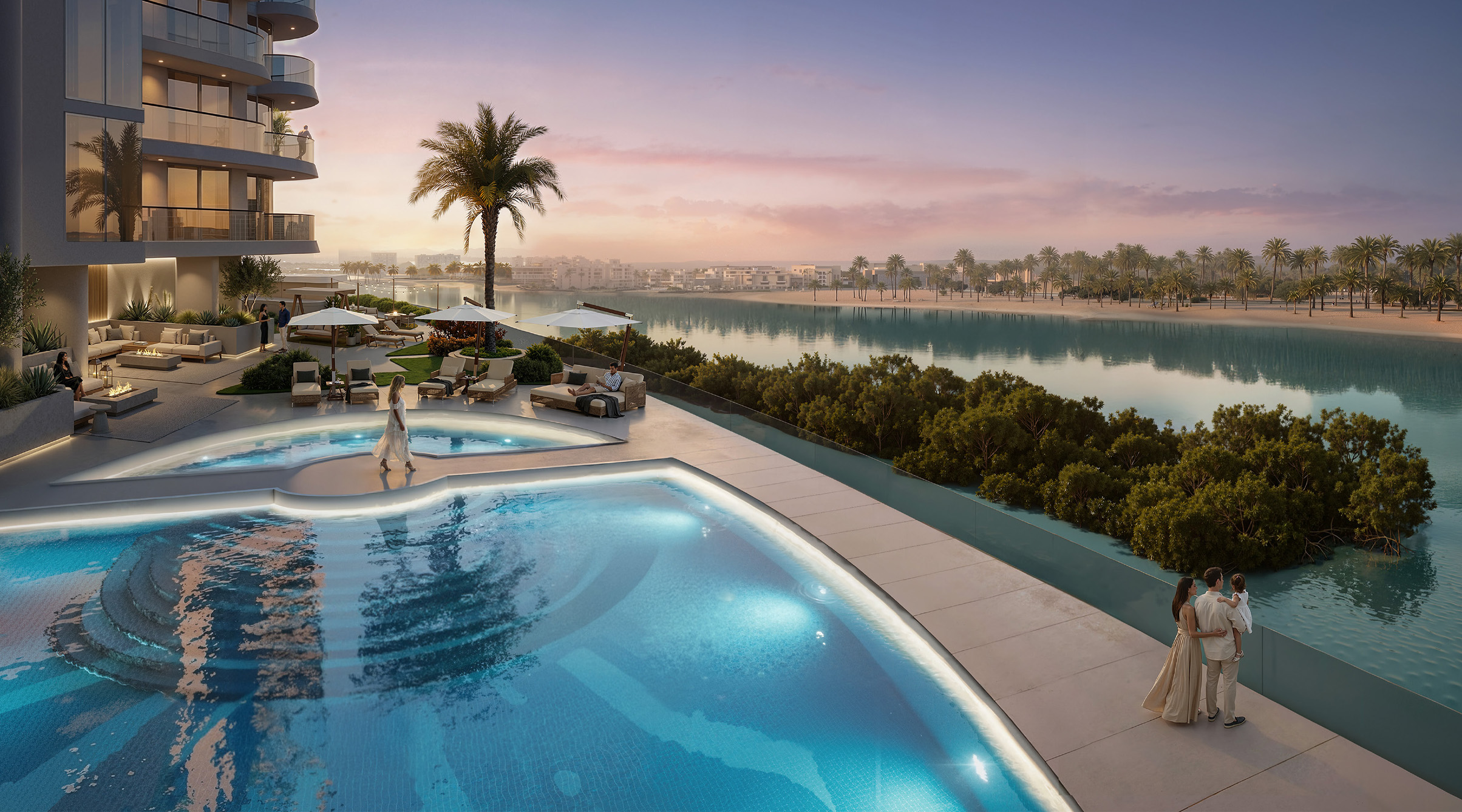 Radisson Residences Al Reem Island Abu Dhabi exterior at sunset highlighting waterfront living and landscaped terraces