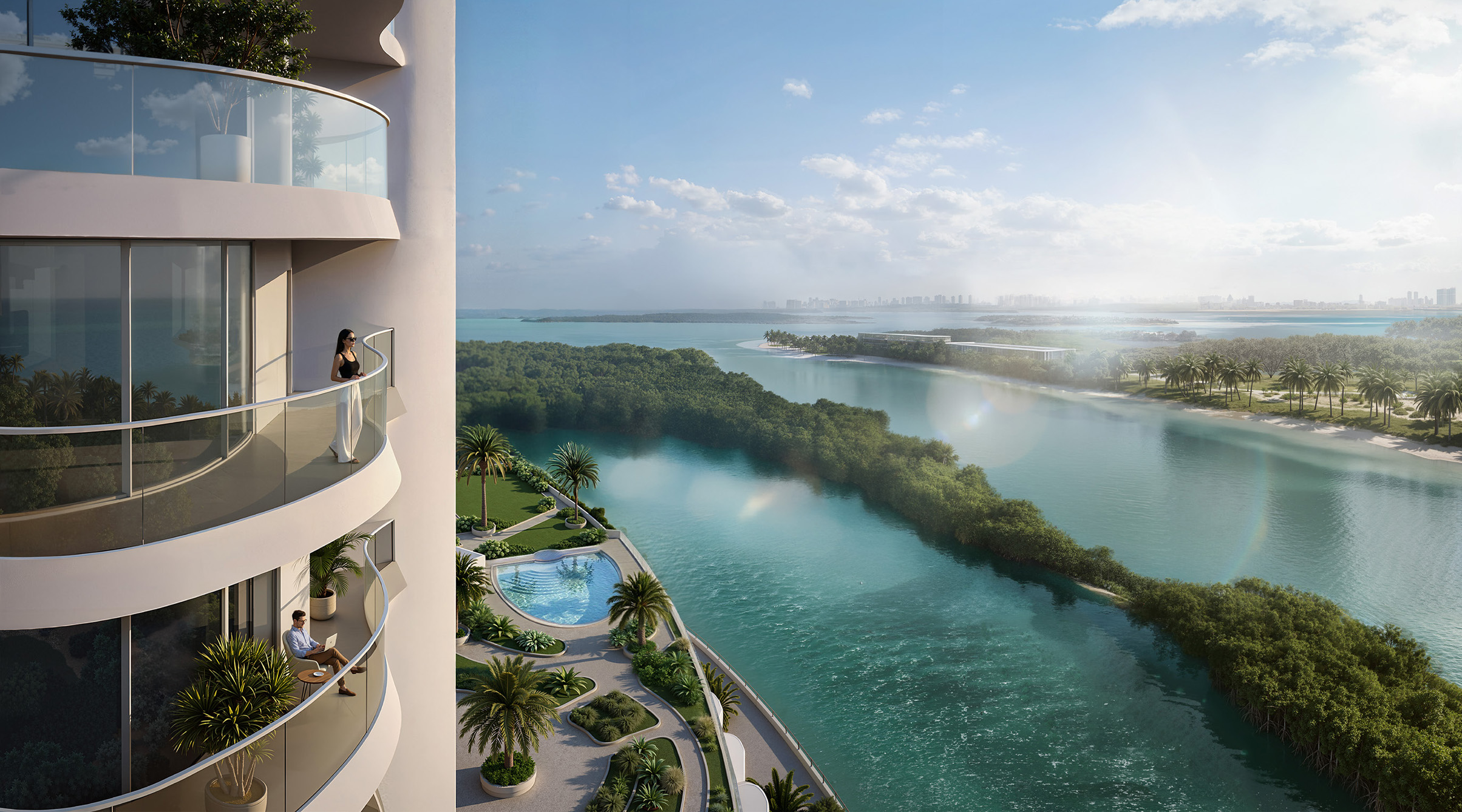 Panoramic exterior shot of Radisson Residences Al Reem Island Abu Dhabi showing three towers, landscaped podium, and modern architecture