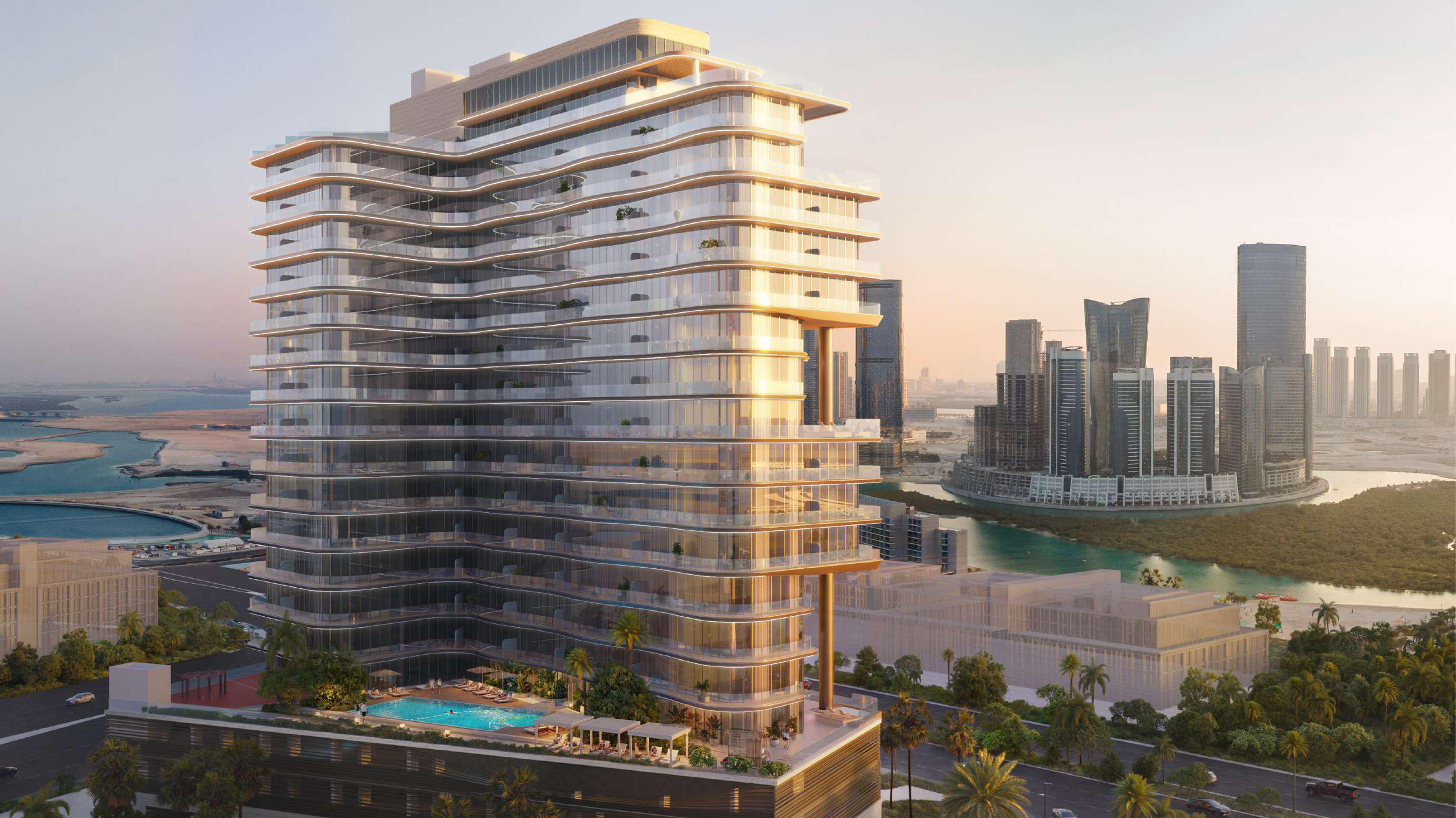 Aerial view of newly launched A1LA Residence by Object 1 on Al Reem Island, Abu Dhabi, showing luxury apartments and landscaped surroundings.