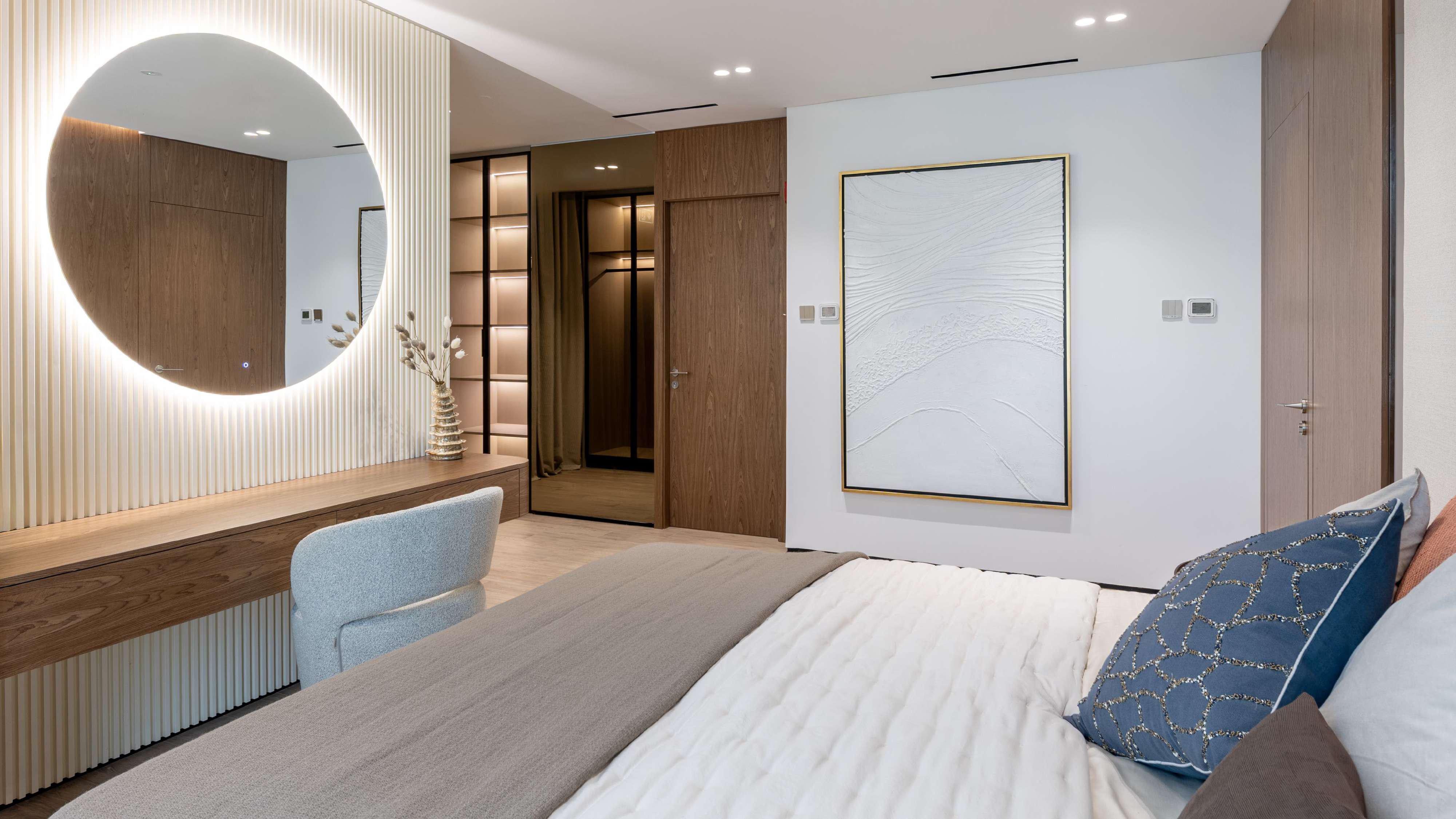 Master bedroom in 2-bedroom apartment at A1LA Residence by Object 1, Al Reem Island, Abu Dhabi, with natural light and luxury design.