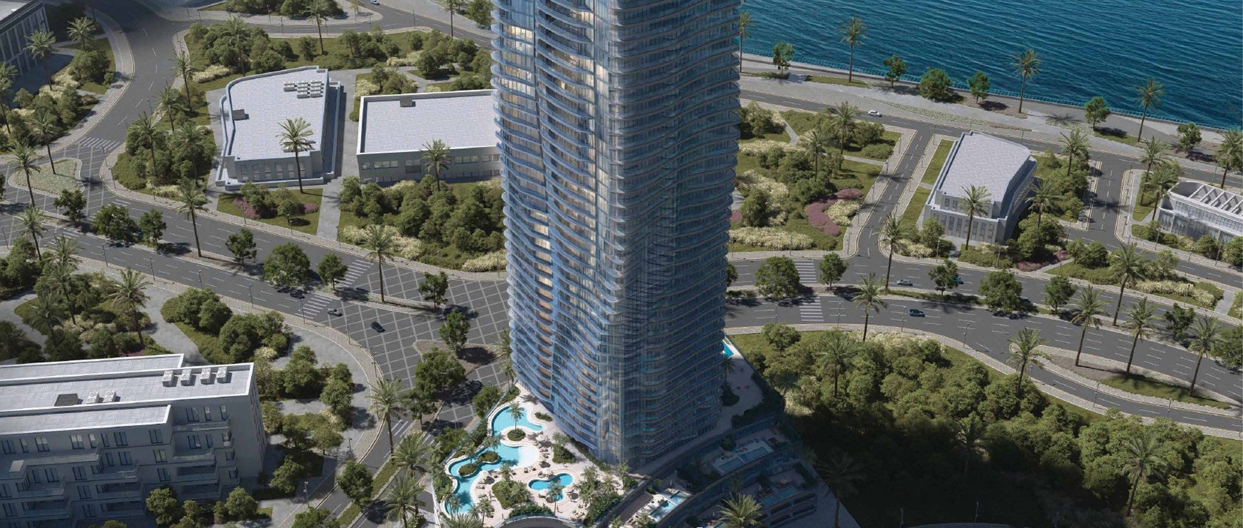 Exterior view of Radiant Waves, a newly upcoming project in Al Reem Island, showcasing high-rise luxury apartments and waterfront design