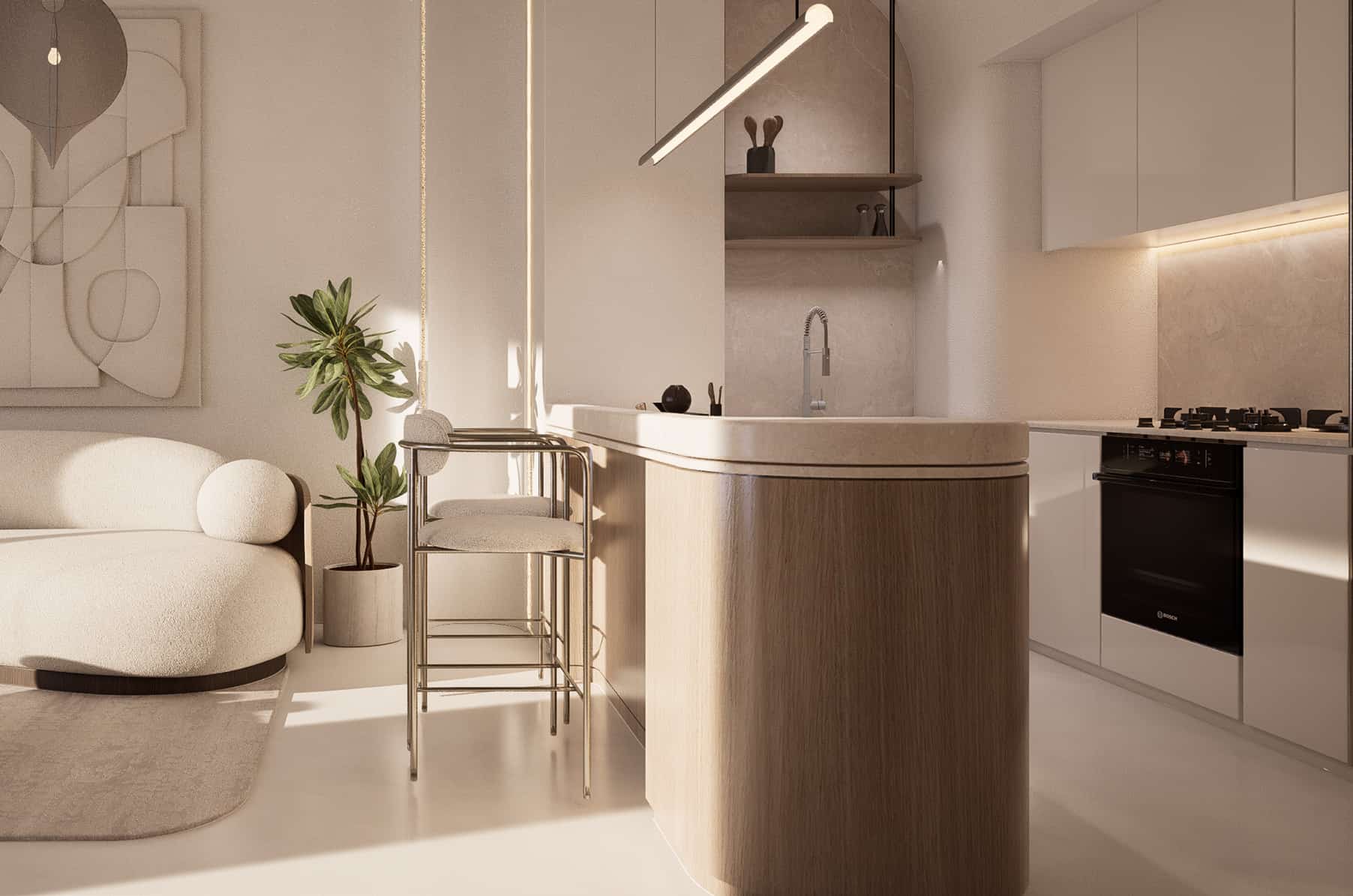 Contemporary living room design in Flow25 Abu Dhabi showcasing floor-to-ceiling windows, premium materials, and refined urban residential comfort.