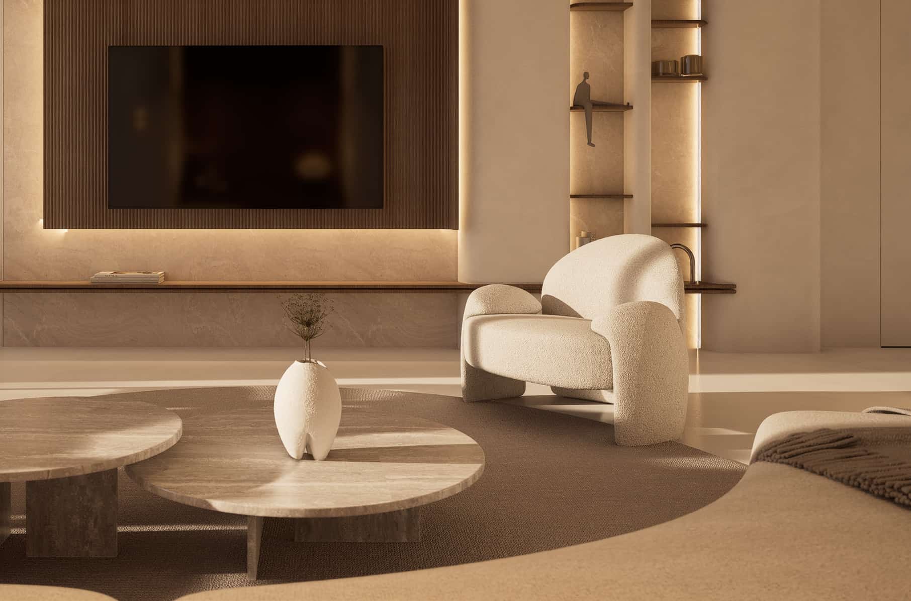 Stylish bedroom interior at Flow25 Al Reem Island with soft lighting, built-in wardrobes, and serene modern luxury atmosphere.