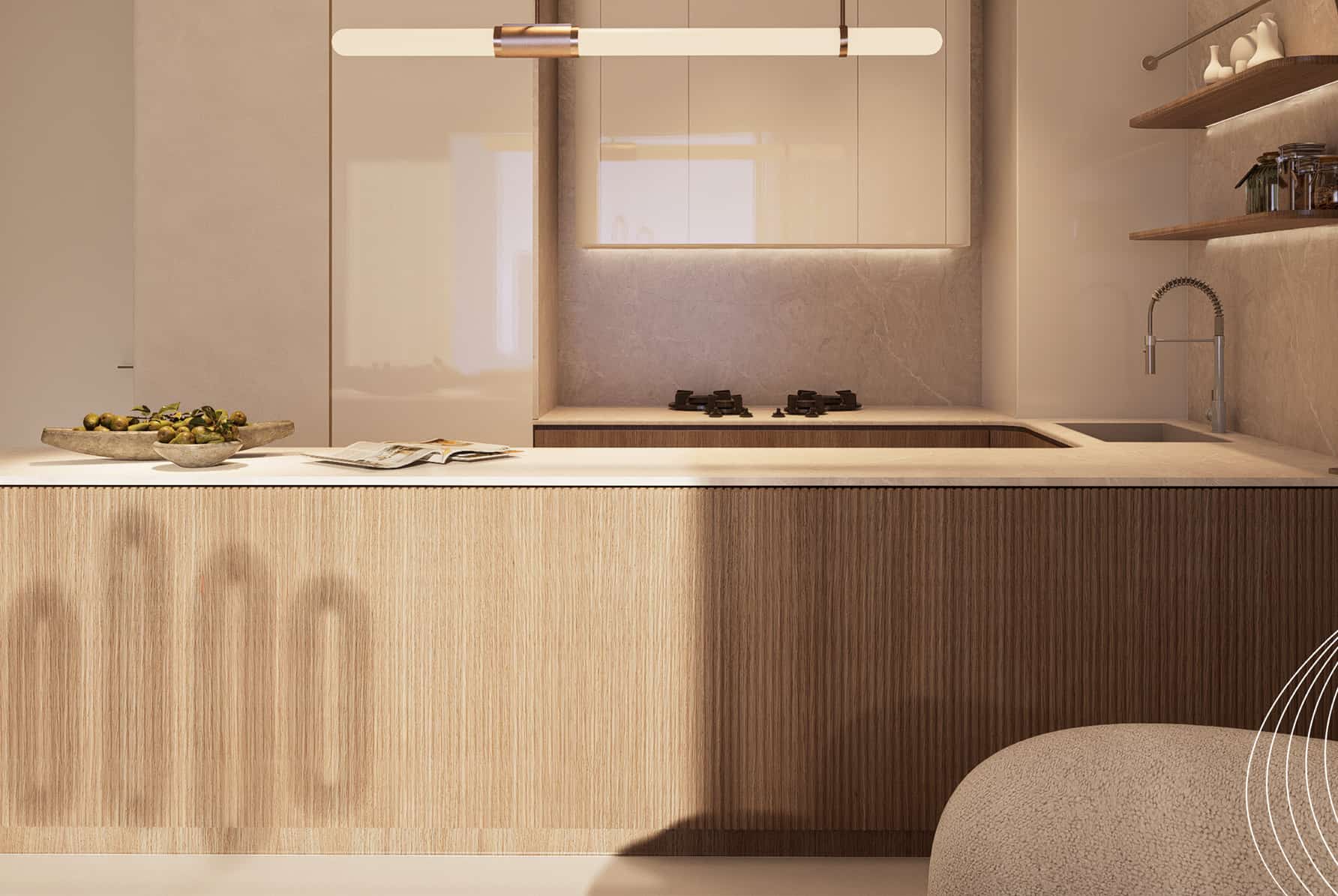 Elegant dining and lounge space inside Flow25 residence offering sophisticated interiors, natural light, and seamless indoor living experience.