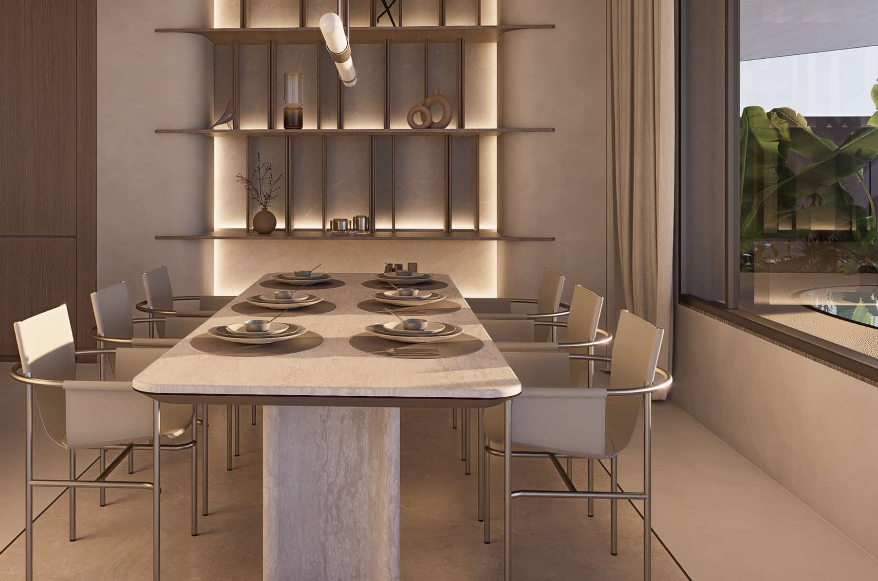 Open-plan living and dining area at Flow25 Al Reem Island featuring panoramic windows, modern décor, and bright contemporary waterfront ambiance.