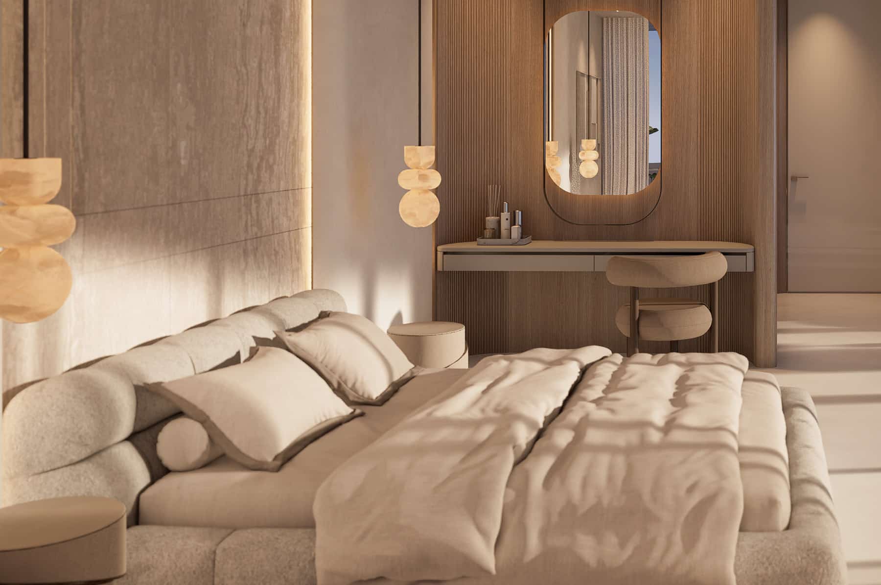 Premium master bedroom suite in Flow25 Abu Dhabi showcasing elegant finishes, spacious layout, and calming luxury residential interior design.