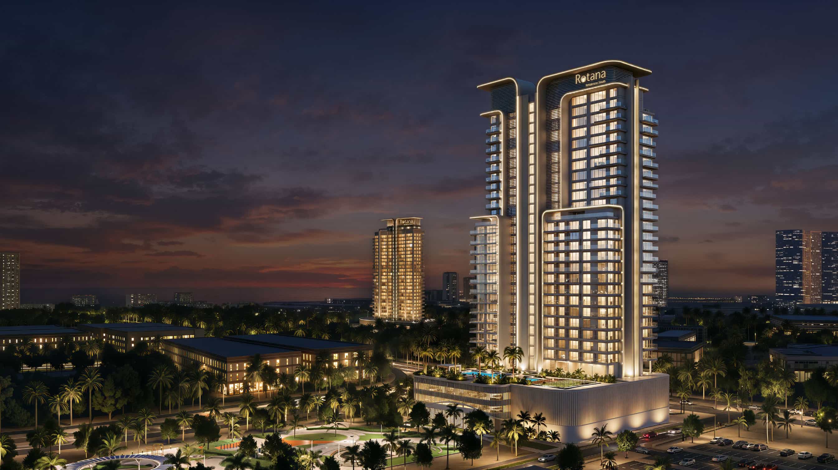 Nighttime exterior of Rotana Residences on Al Reem Island, Abu Dhabi, UAE illuminated with elegant lighting, skyline ambience, and luxury high‑rise presence