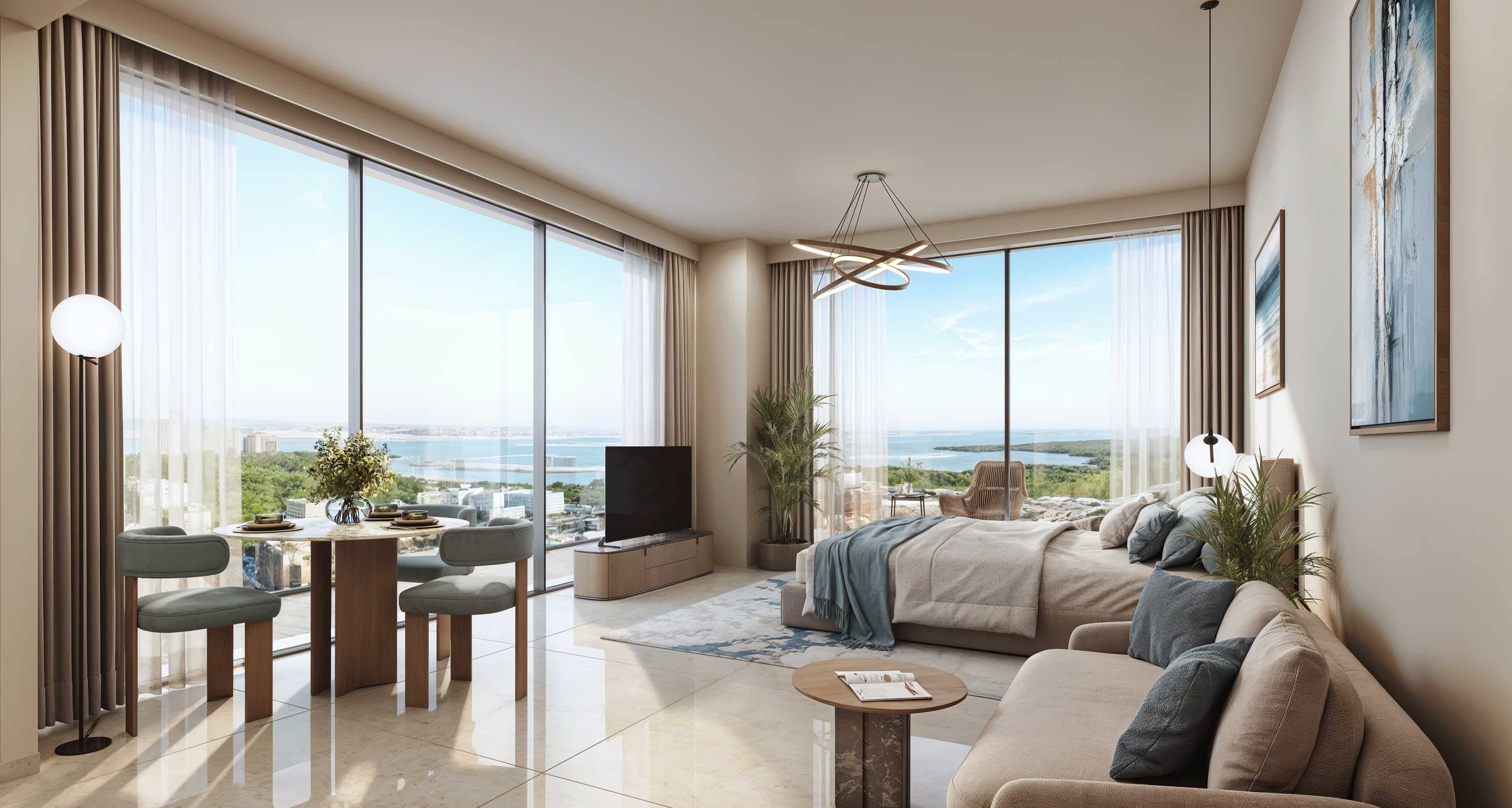 Master bedroom suite interior at Rotana Residences Al Reem Island, Abu Dhabi, UAE offering a spacious layout, premium comfort, and refined modern style