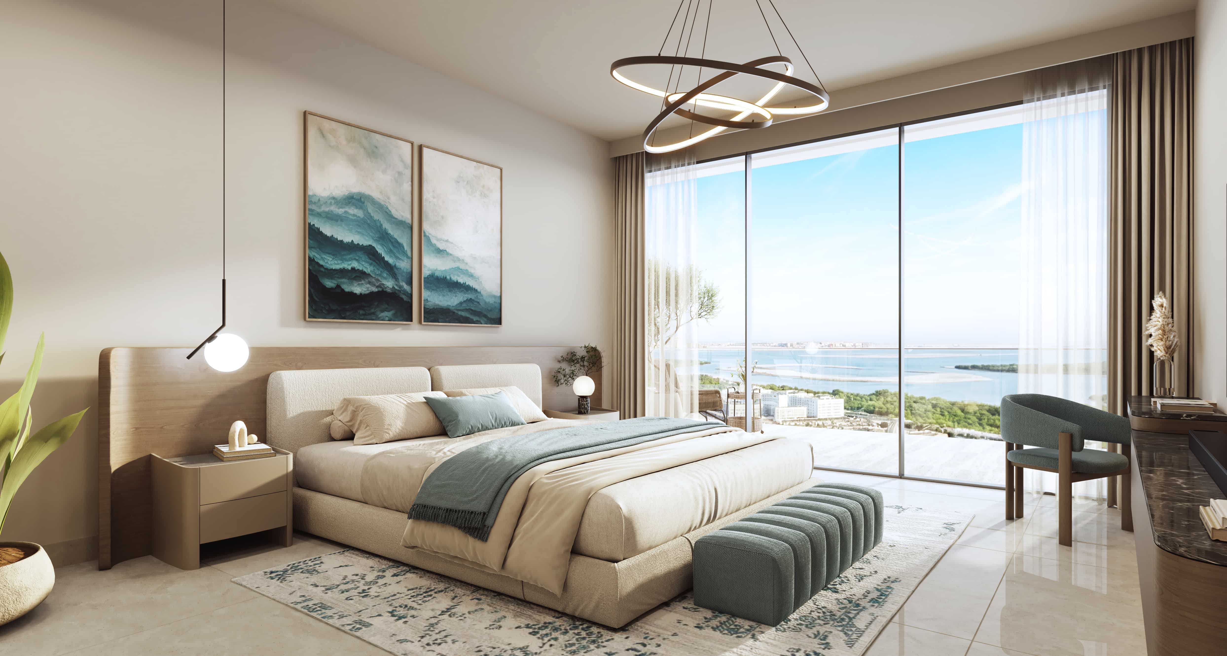 Elegant bedroom interior at Rotana Residences Al Reem Island, Abu Dhabi, UAE showcasing soft lighting, modern décor, and a serene luxury atmosphere