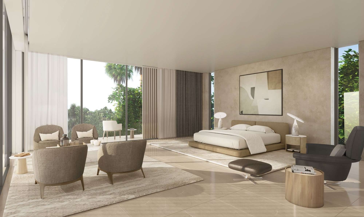 Master bedroom inside Reem Hills Villas at Al Reem Island featuring elegant modern residential interiors.