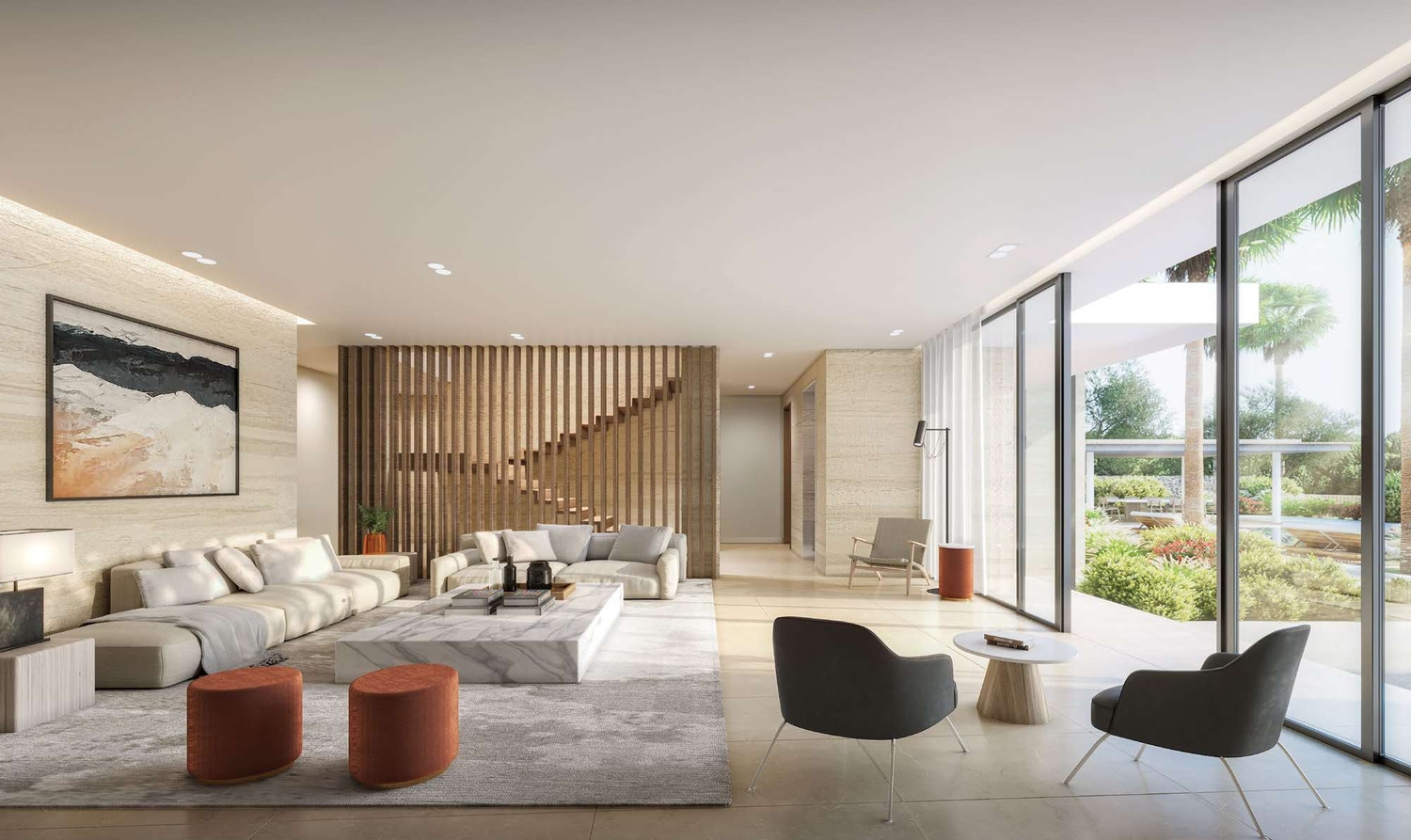 Stylish living room at Reem Hills Villas on Al Reem Island with panoramic residential views.