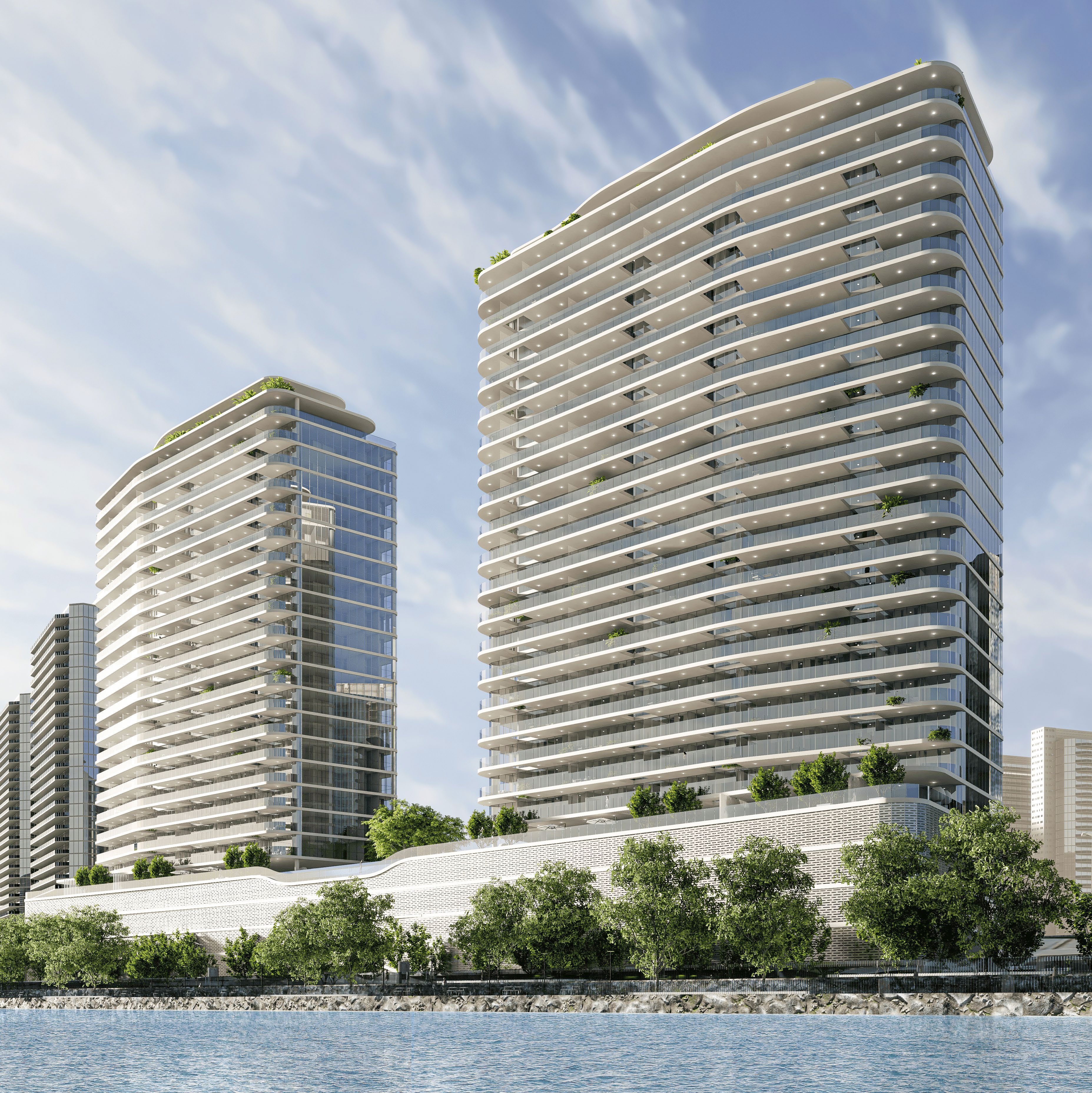 Modern waterfront elevation of Marlin Reportage residences on Al Reem Island.