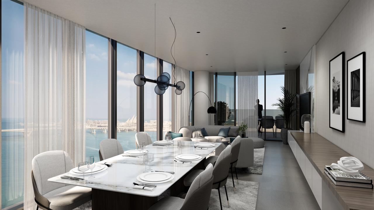 Premium apartment interiors at Marlin Reportage with panoramic waterfront views in Abu Dhabi.