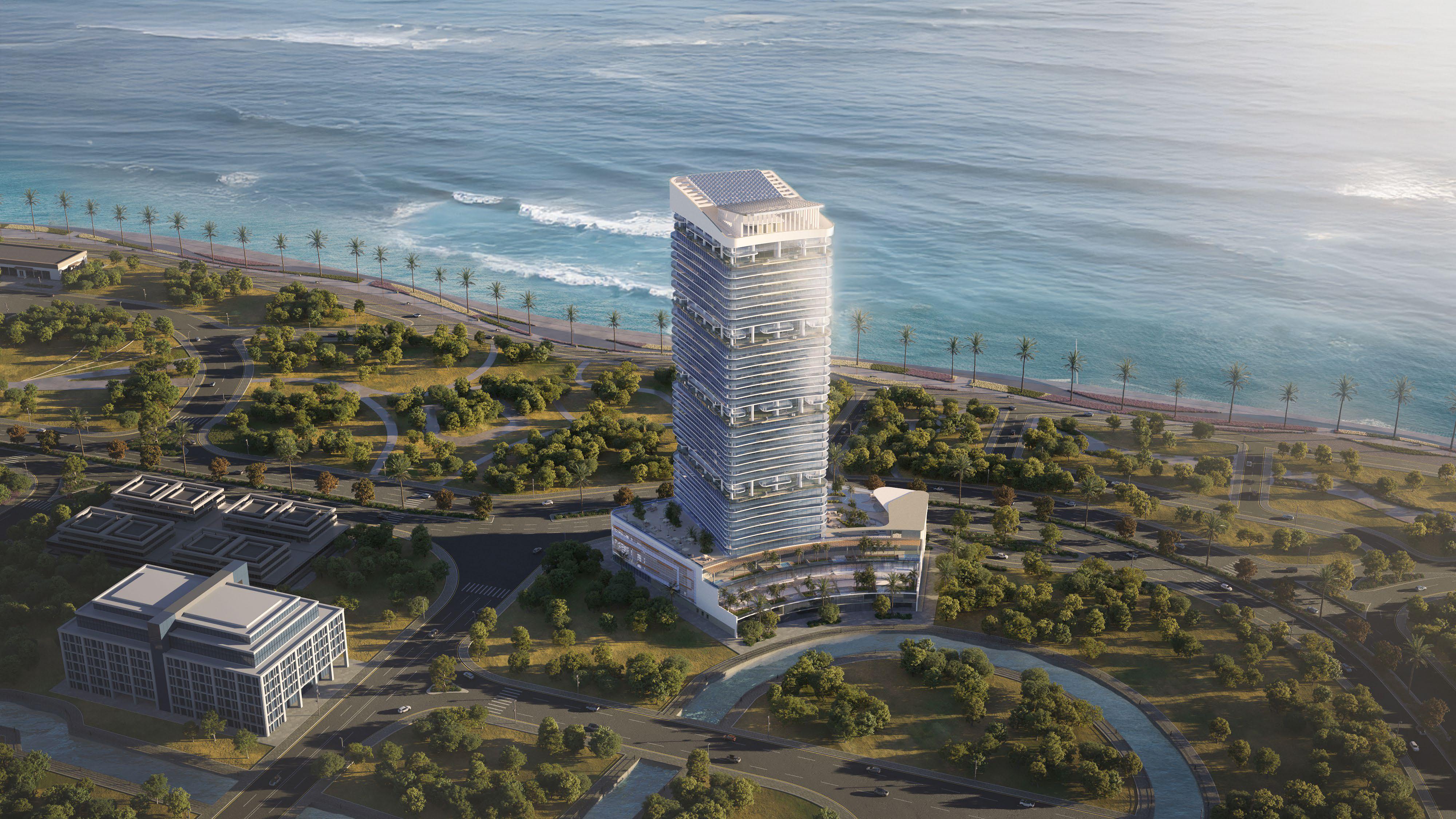 Waterfront view of Radiant Elite Tower highlighting the tower’s prime location in Shams Abu Dhabi.
