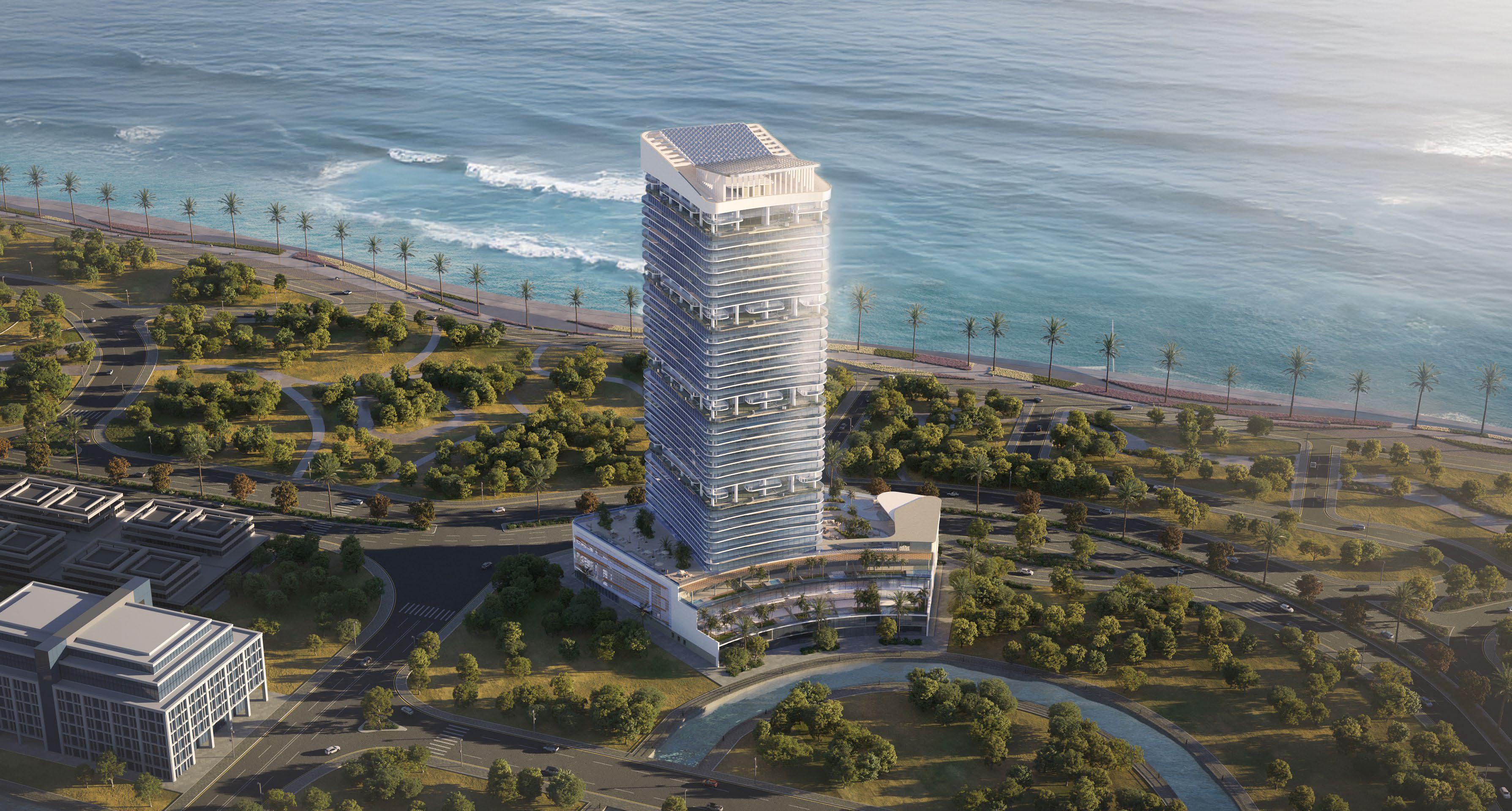 Night view of Radiant Elite Tower illuminated façade reflecting luxury urban living in Abu Dhabi.