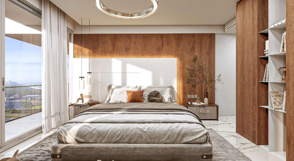 Master bedroom interior offering spacious layouts, warm lighting, and panoramic window views.