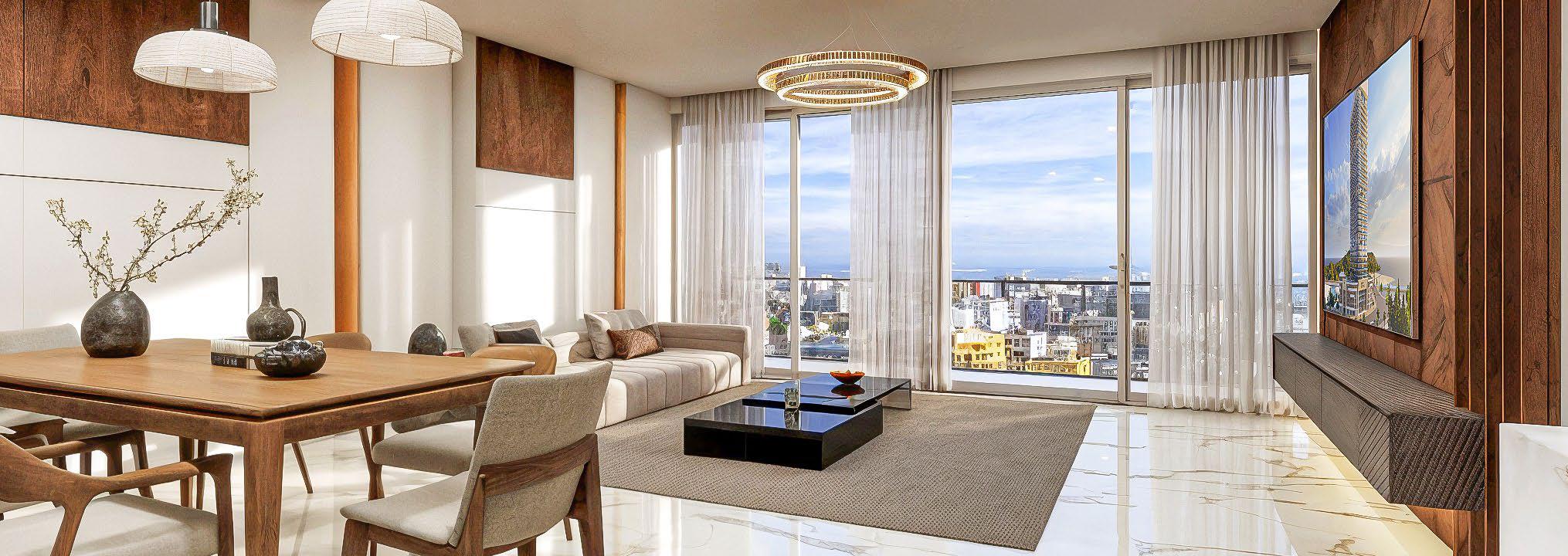 Sky Villa duplex interior featuring double‑height ceilings and expansive terrace views.