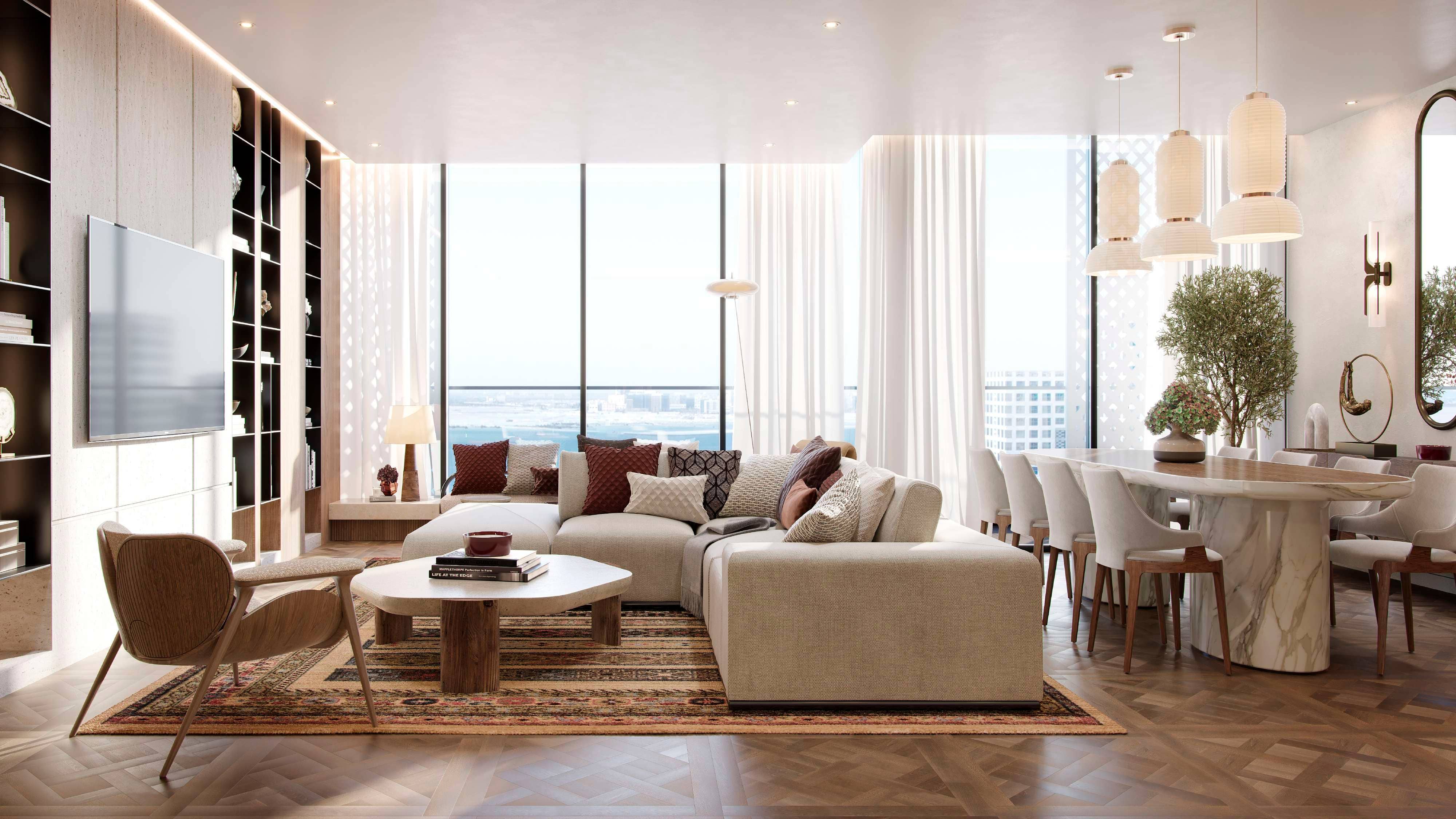 Living Room Interior — Spacious living room at Reem Eleven featuring modern finishes, warm lighting, and floor‑to‑ceiling windows for a bright, elegant ambiance.