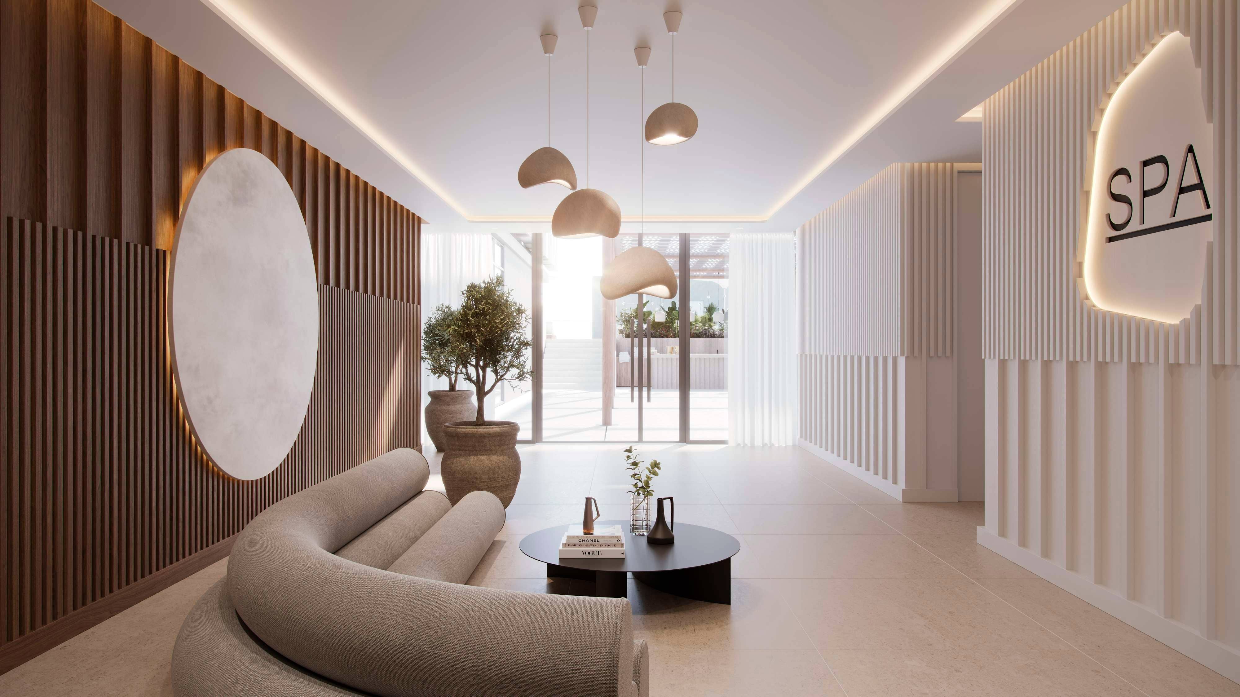 Living room at Reem Eleven with minimalist design, premium sanitary ware, and soft ambient lighting.