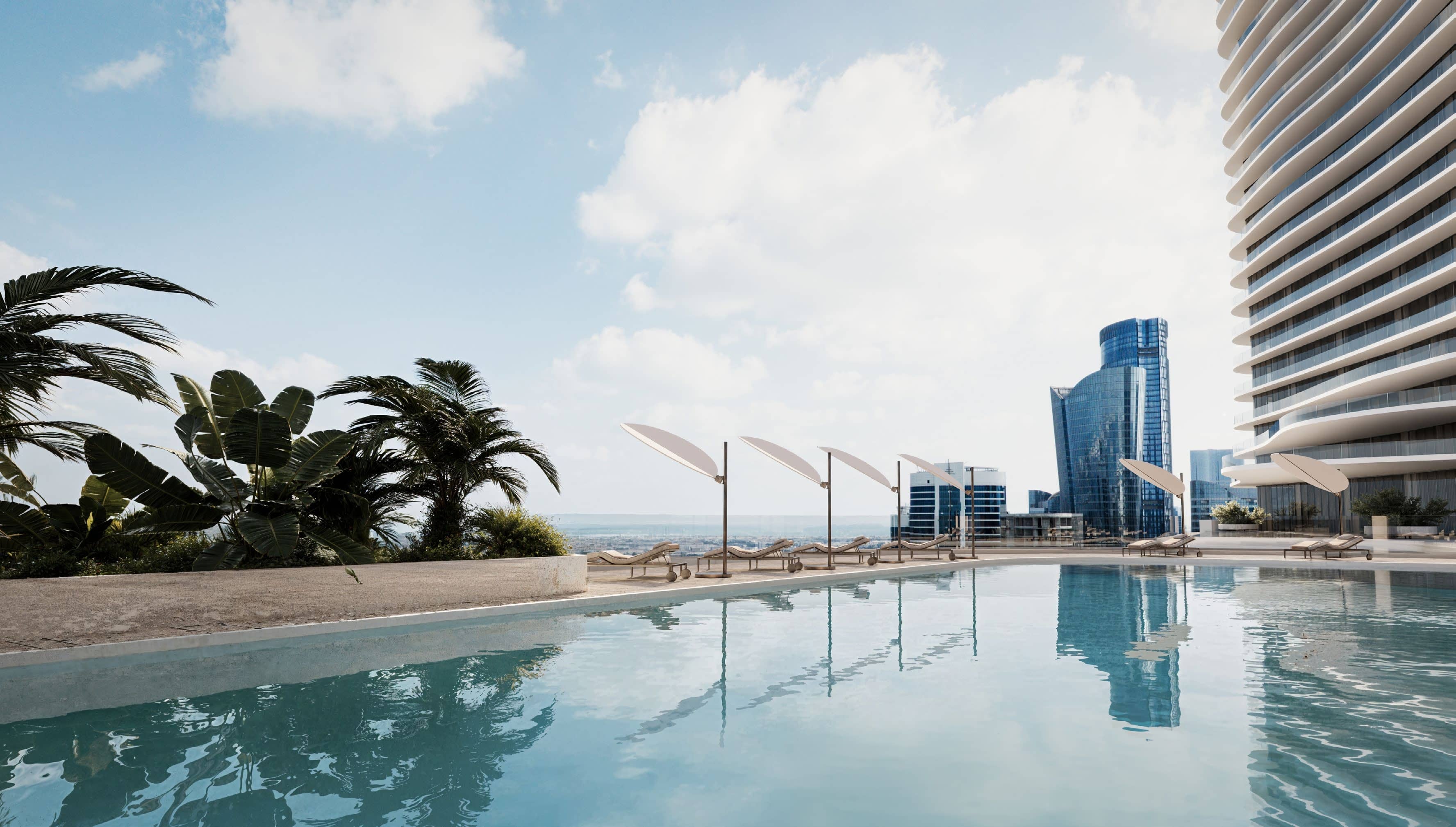 Twilight exterior view of SAAS Heights Al Reem Island Abu Dhabi highlighting iconic twin towers and premium skyline presence.