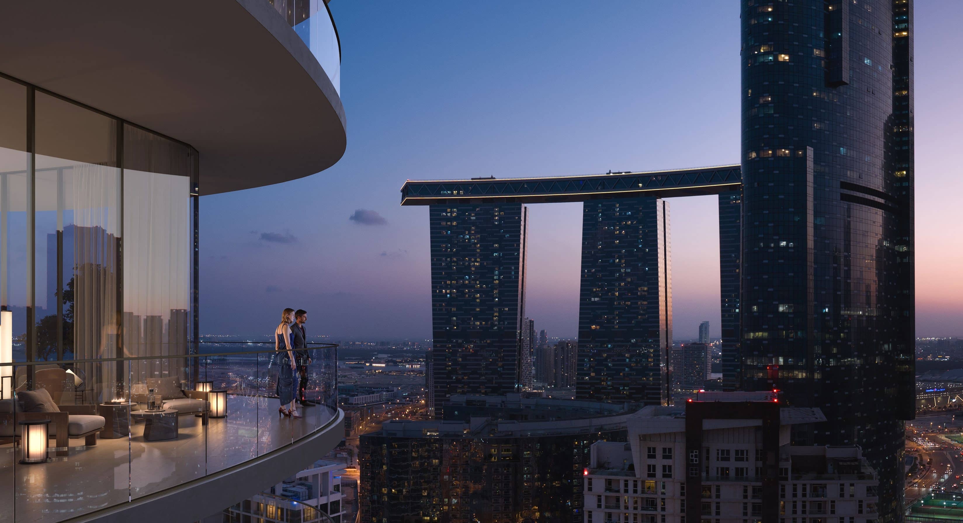 SAAS Heights Abu Dhabi waterfront development exterior on Al Reem Island with floor-to-ceiling glass facade and sea-facing residences.