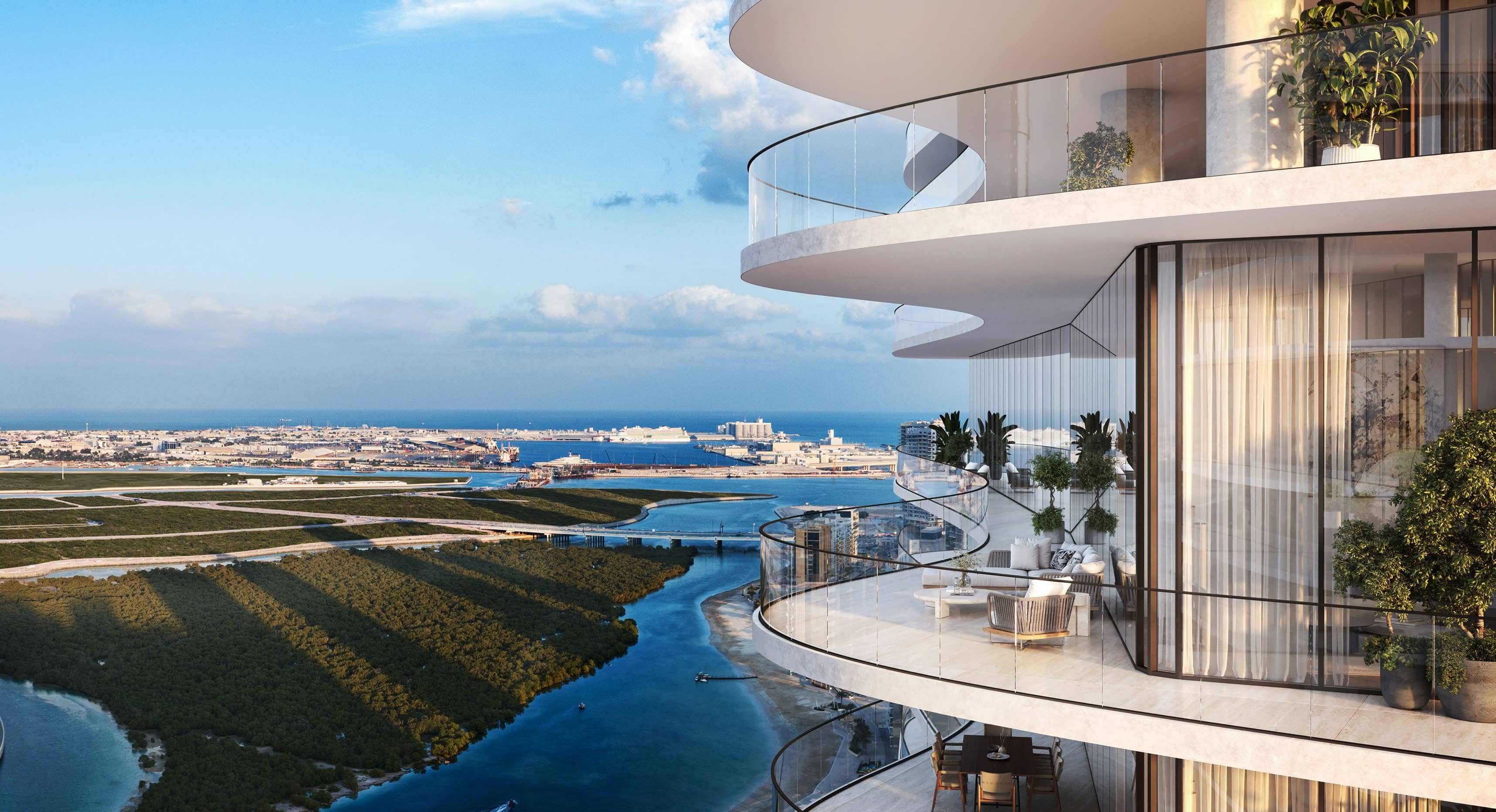 Evening skyline exterior of SAAS Heights luxury waterfront residences Al Reem Island Abu Dhabi with illuminated tower facade.