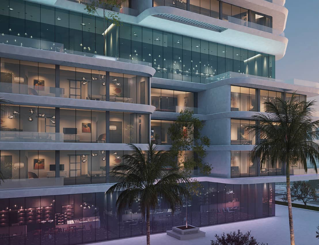 Seaside façade of The Artery Residences showcasing bold modern architecture and premium coastal living.