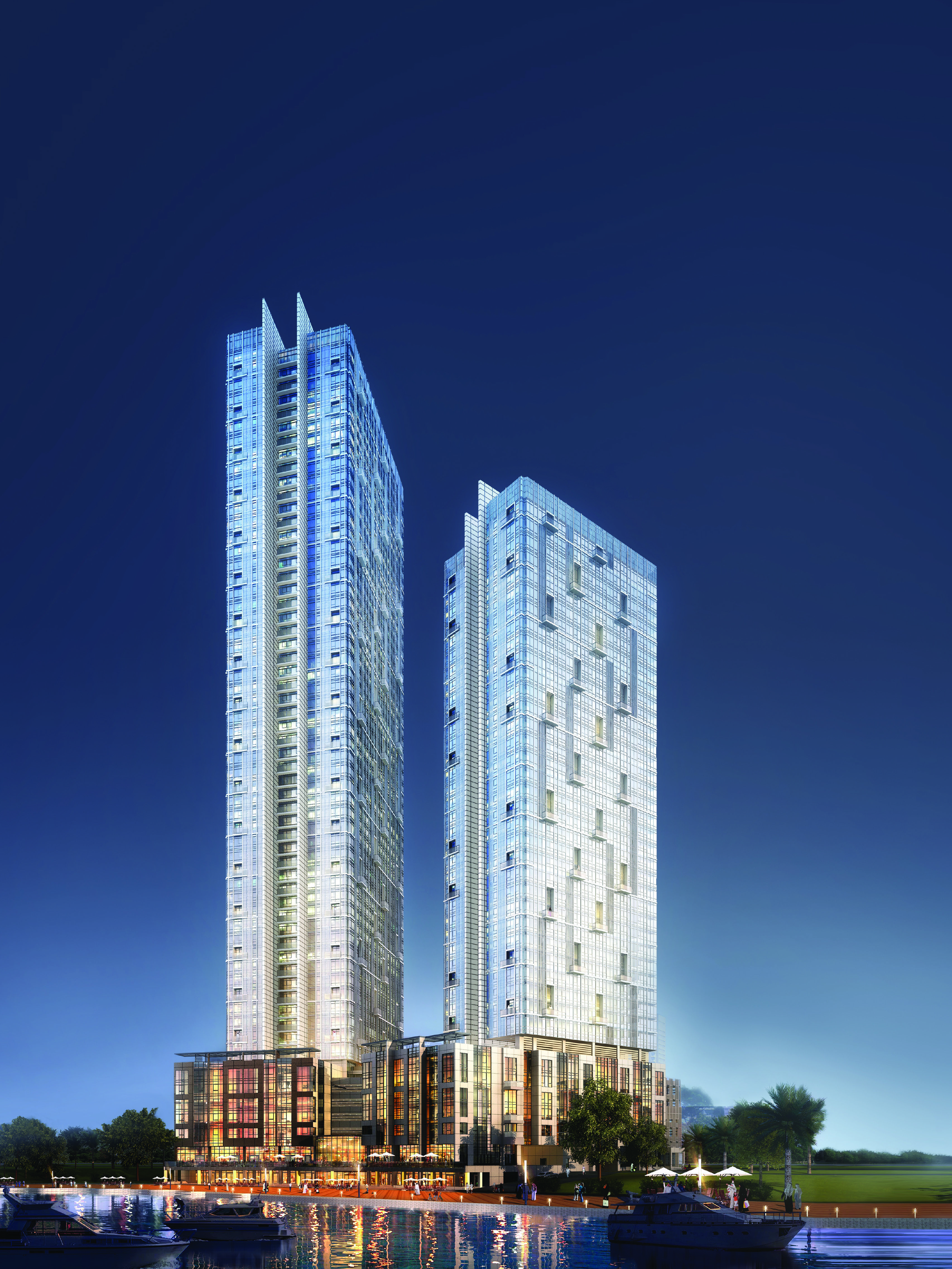 Modern tower elevation of Horizon Towers within City of Lights development.