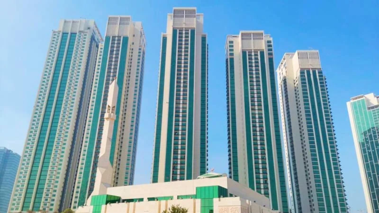 Front exterior of Marina Heights in Marina Square, Al Reem Island, Abu Dhabi, with stylish high-rise apartments and scenic views.