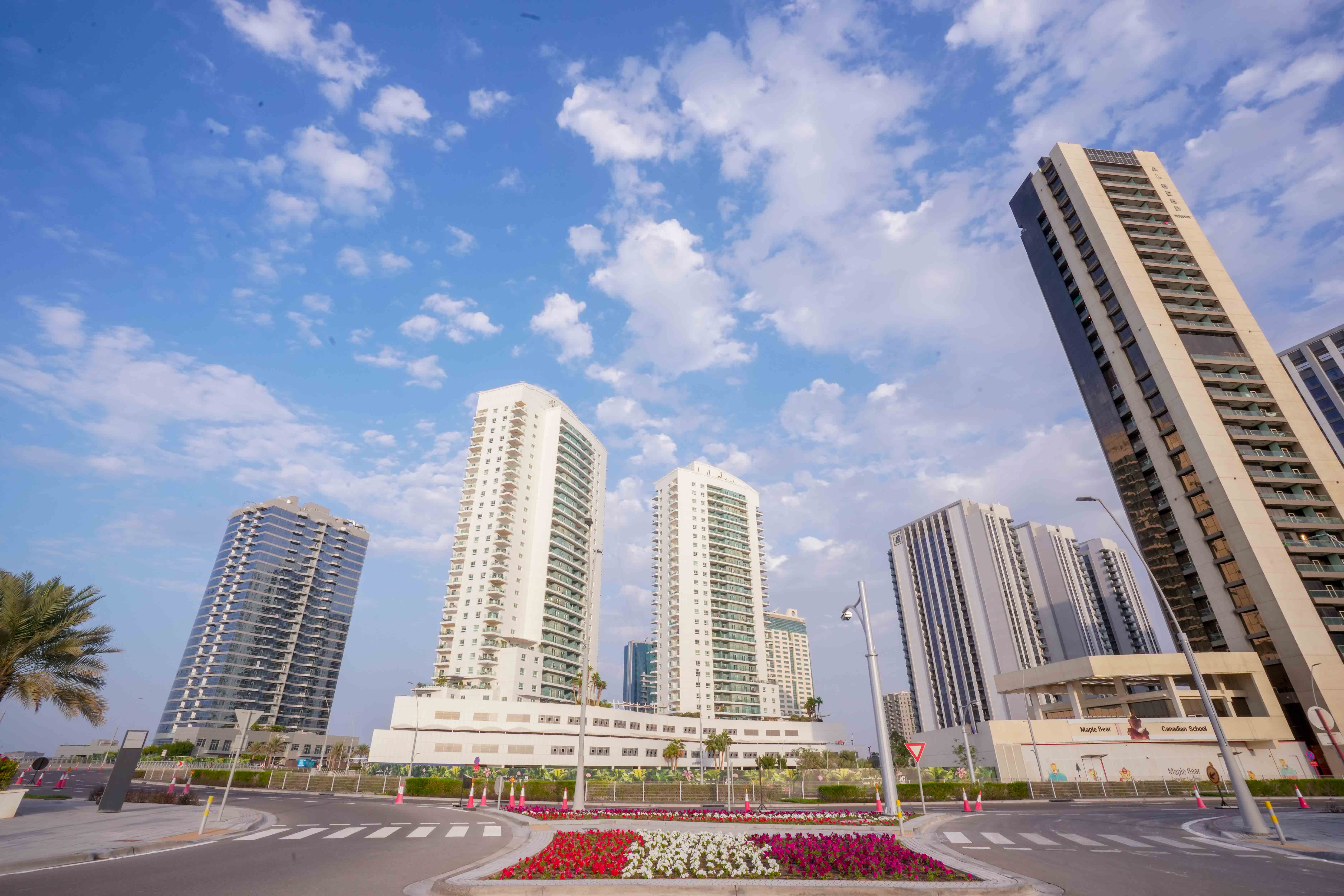 Amaya Towers façade in Shams Abu Dhabi, Al Reem Island highlighting contemporary architecture and luxury waterfront apartments.
